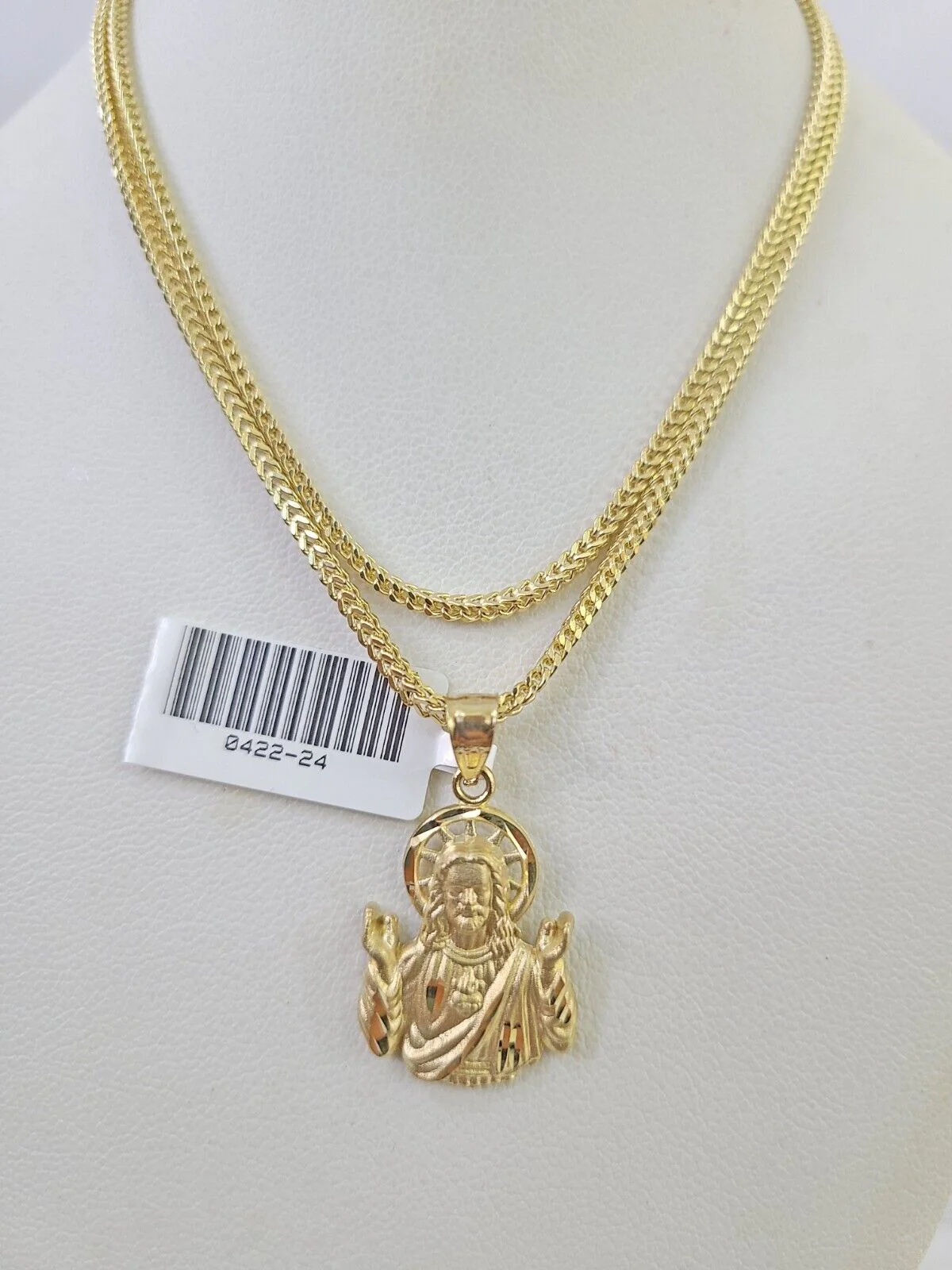 10K Franco Chain Jesus Pendant Charm Necklace 16"-24" 2mm Yellow Gold SET - Image 6