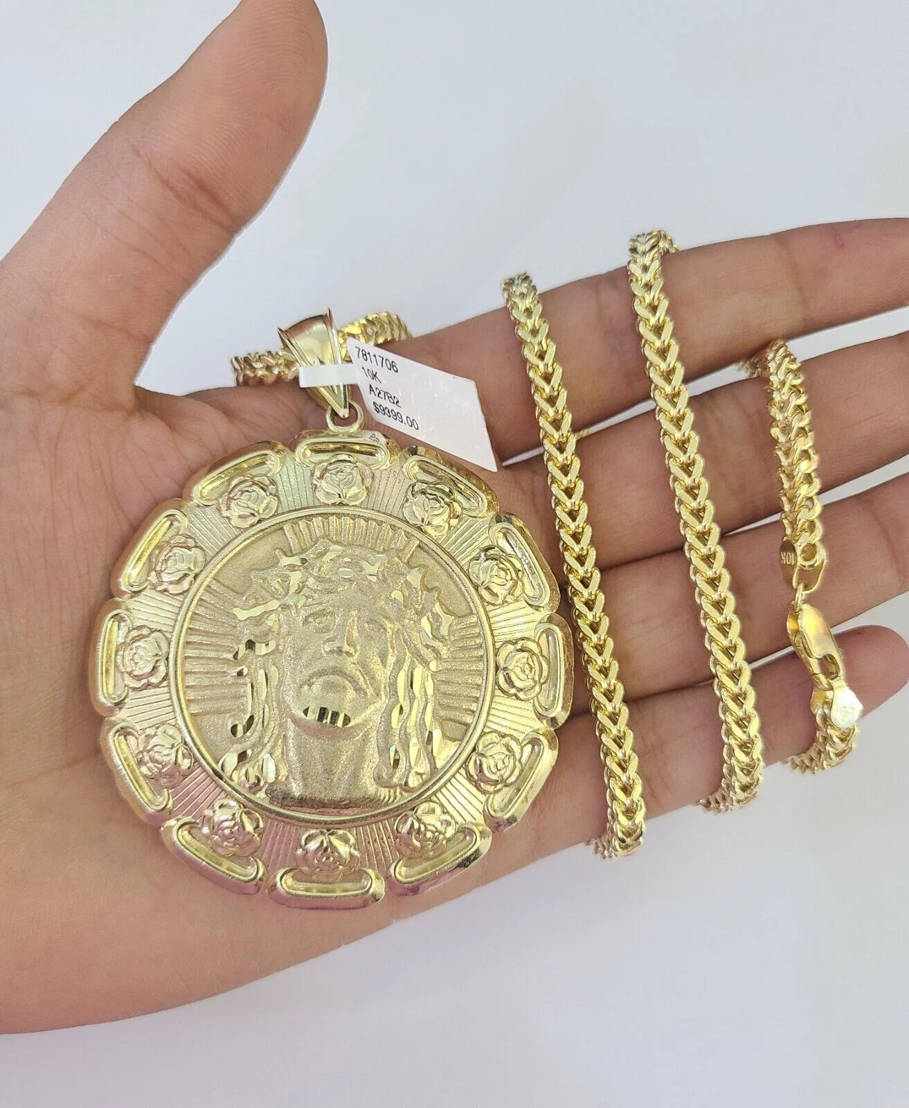 10K Franco Chain Jesus Virgin Mary Pendant Charm Necklace 20"-28" 4mm Gold SET - Image 3