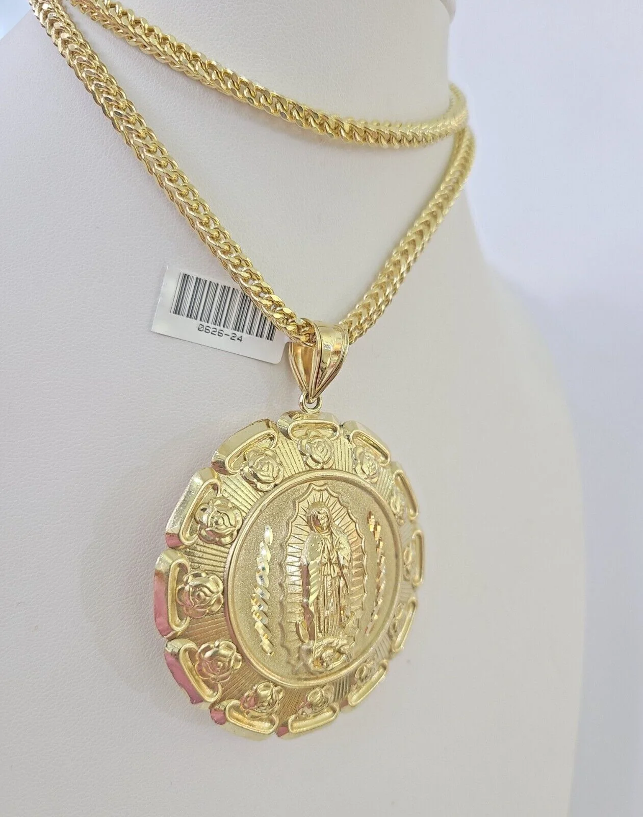10K Franco Chain Jesus Virgin Mary Pendant Charm Necklace 20"-28" 4mm Gold SET - Image 5