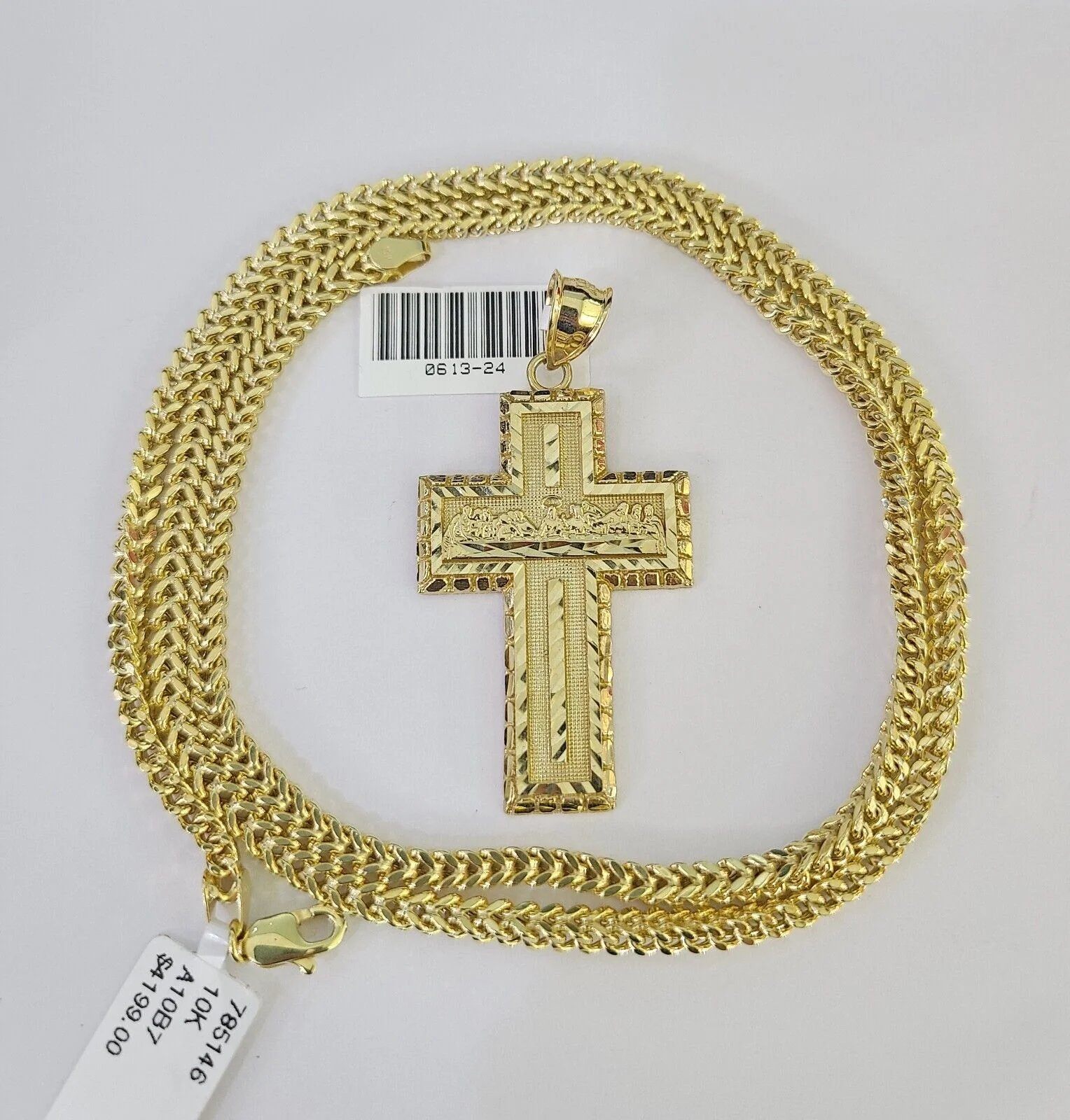 10K Franco Chain Last Supper Cross Pendant Charm Necklace 20"-26" 3mm Gold SET - Image 2