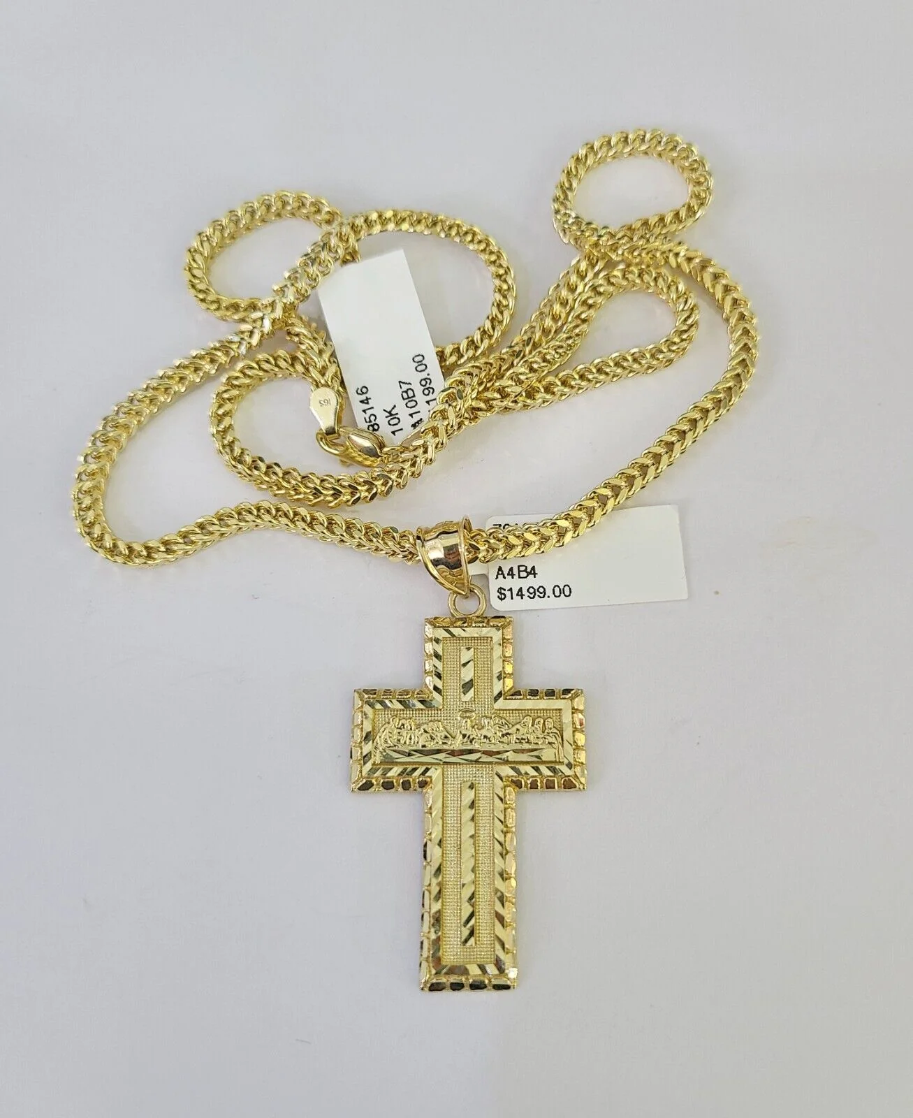 10K Franco Chain Last Supper Cross Pendant Charm Necklace 20"-26" 3mm Gold SET - Image 4