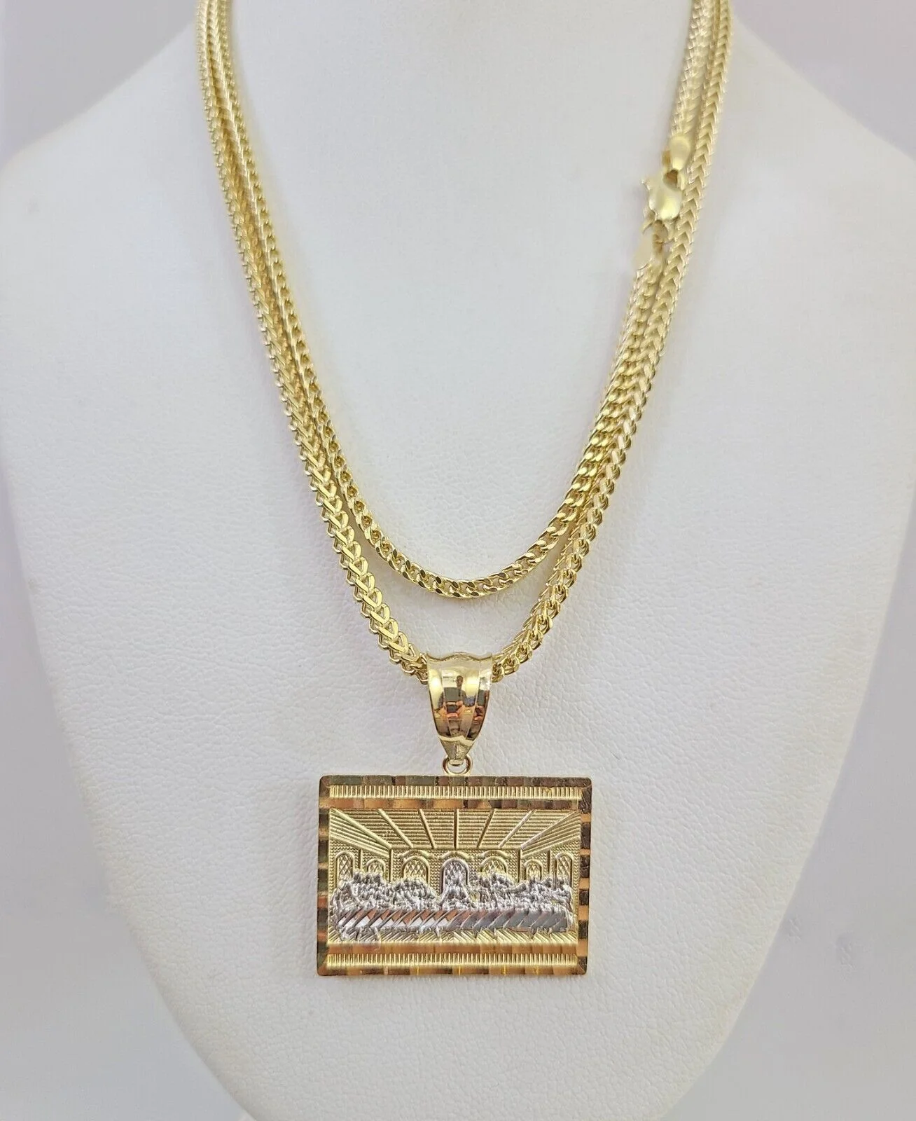 10K Franco Chain Last Supper Pendant Charm Necklace 18"-24" 2mm Gold SET Yellow