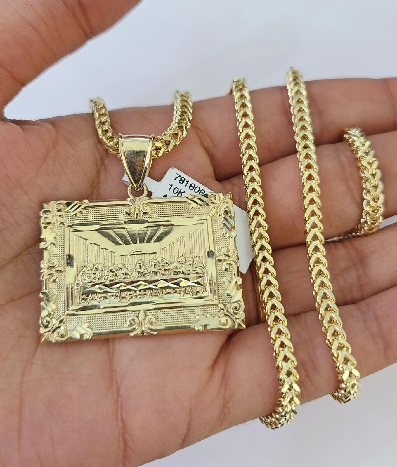 10K Franco Chain Last Supper Pendant Charm Necklace 20"-26" 3mm Yellow Gold SET - Image 4