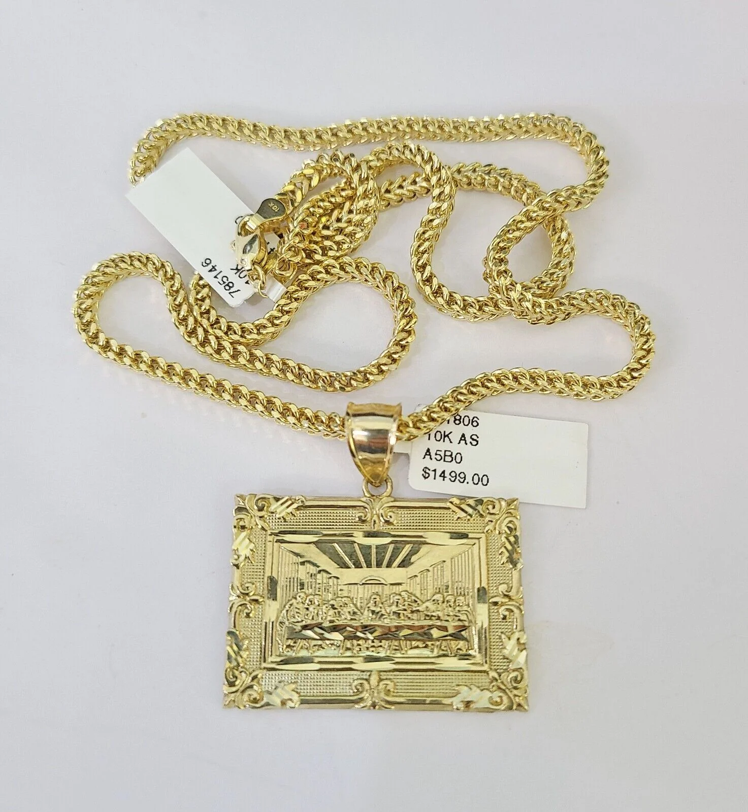 10K Franco Chain Last Supper Pendant Charm Necklace 20"-26" 3mm Yellow Gold SET - Image 5