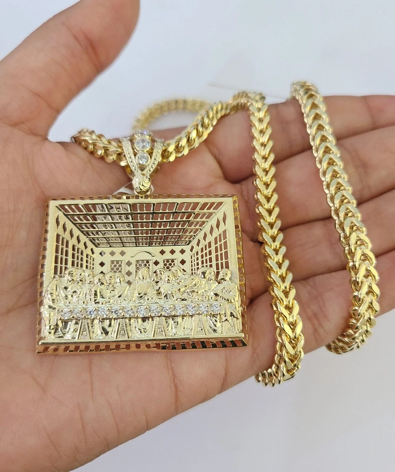 10K Franco Chain Last Supper Pendant Charm Necklace 20"-26" 5mm Gold SET Yellow - Image 4