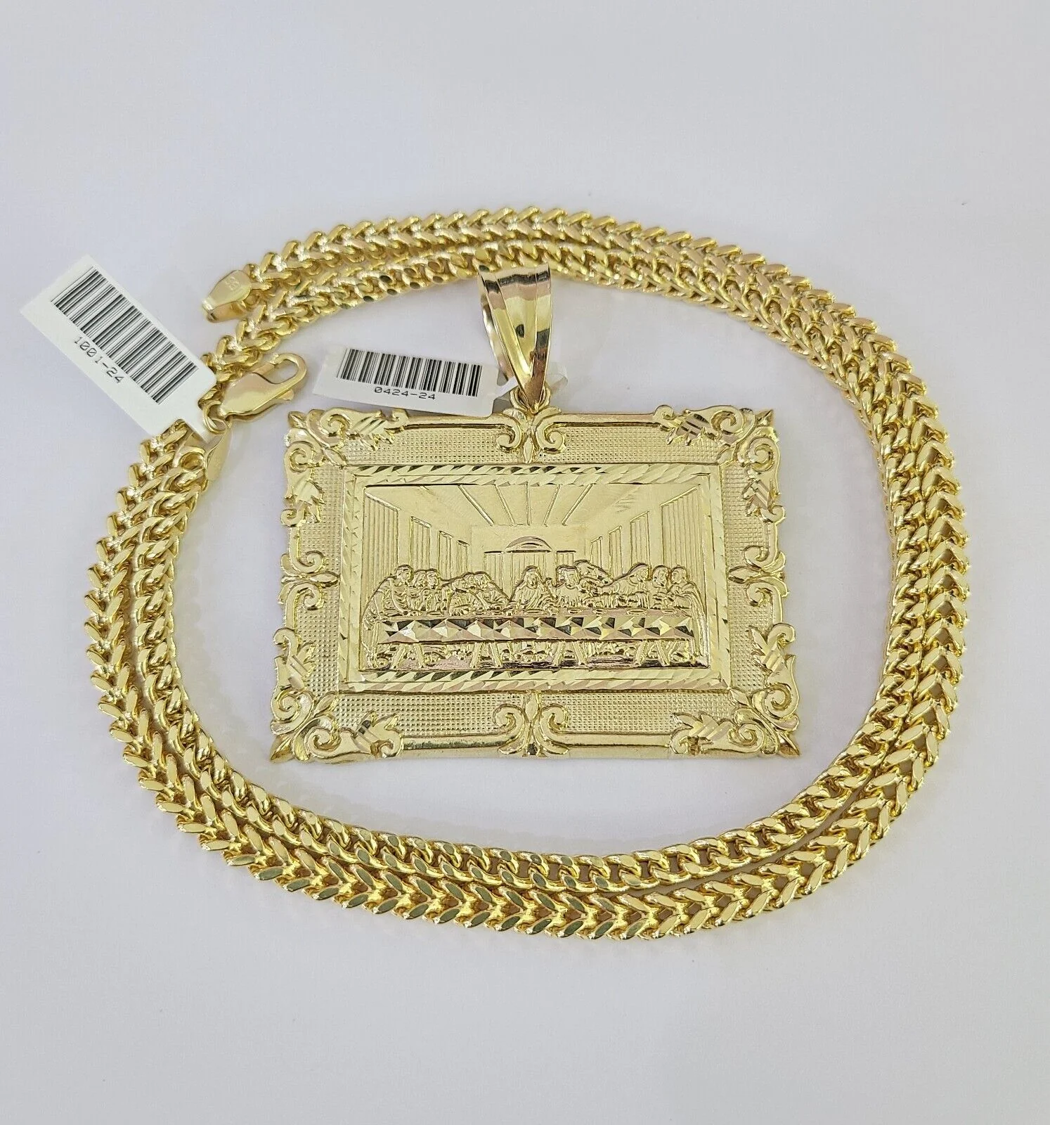 10K Franco Chain Last Supper Pendant Charm Necklace 20"-26" 5mm Yellow Gold SET - Image 3