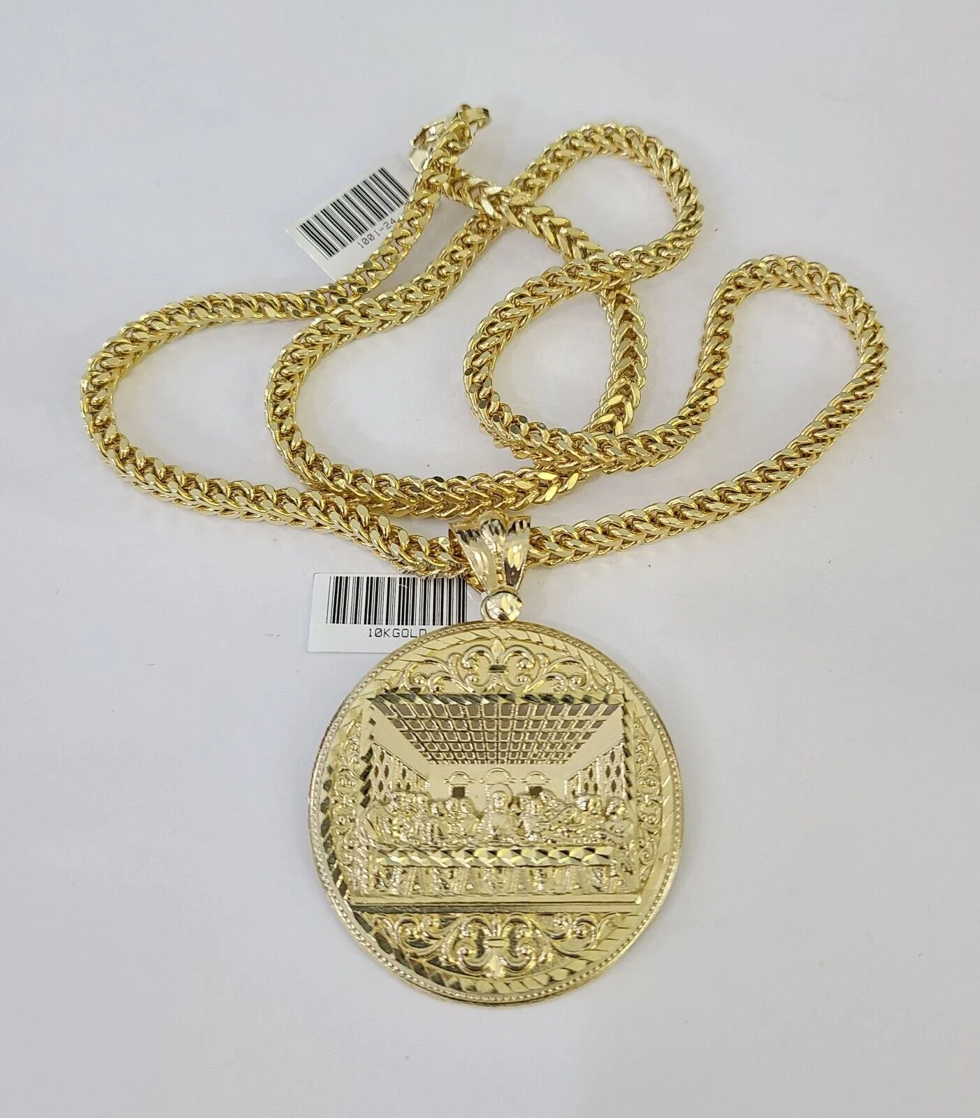 10K Franco Chain Last Supper Pendant Charm Necklace 20"-26" 5mm Yellow Gold SET - Image 5