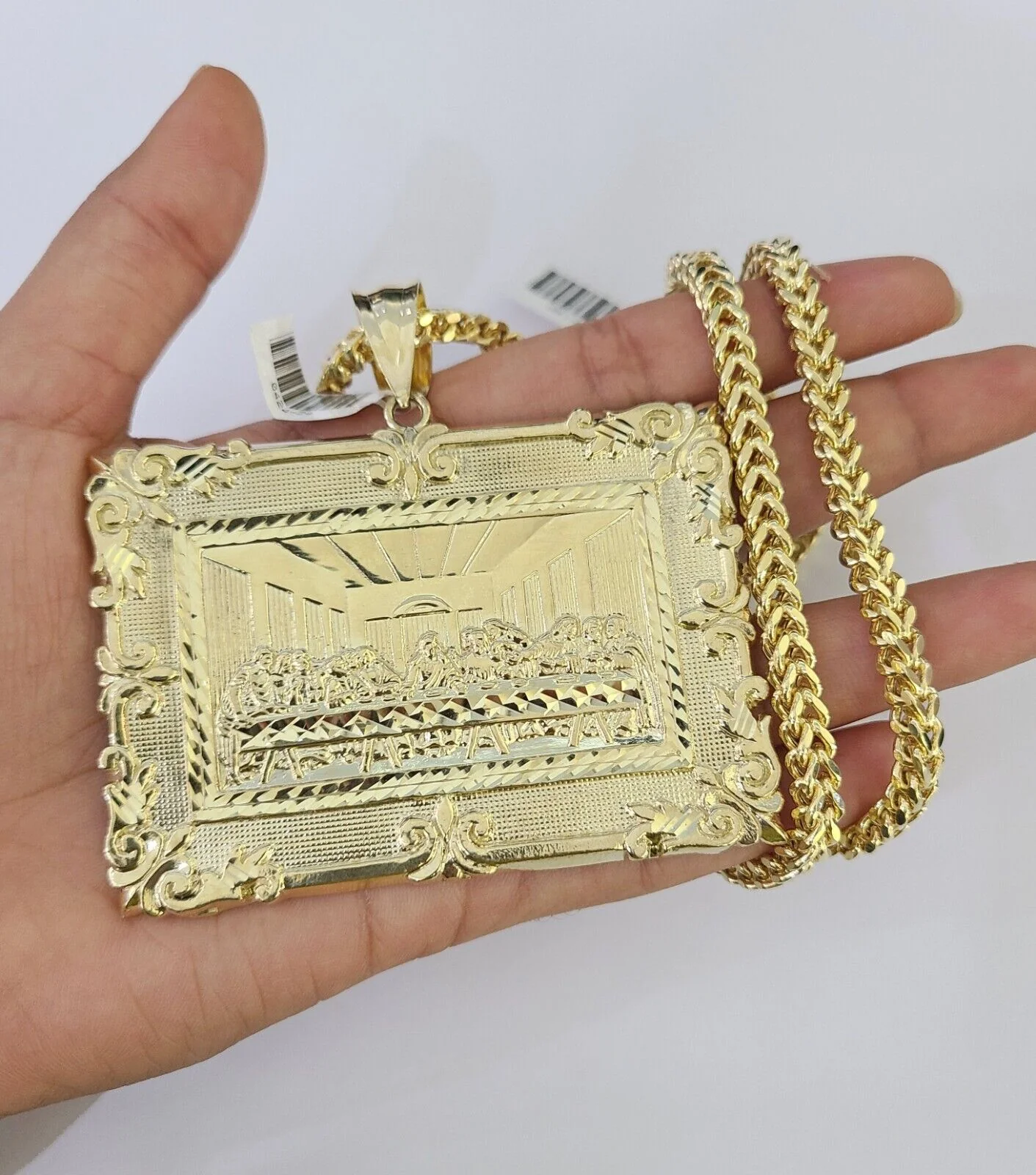 10K Franco Chain Last Supper Pendant Charm Necklace 20"-26" 5mm Yellow Gold SET - Image 4
