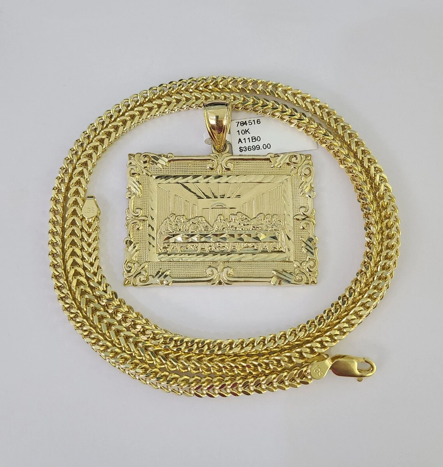 10K Franco Chain Last Supper Pendant Charm Necklace 20"-28" 4mm Yellow Gold SET - Image 3