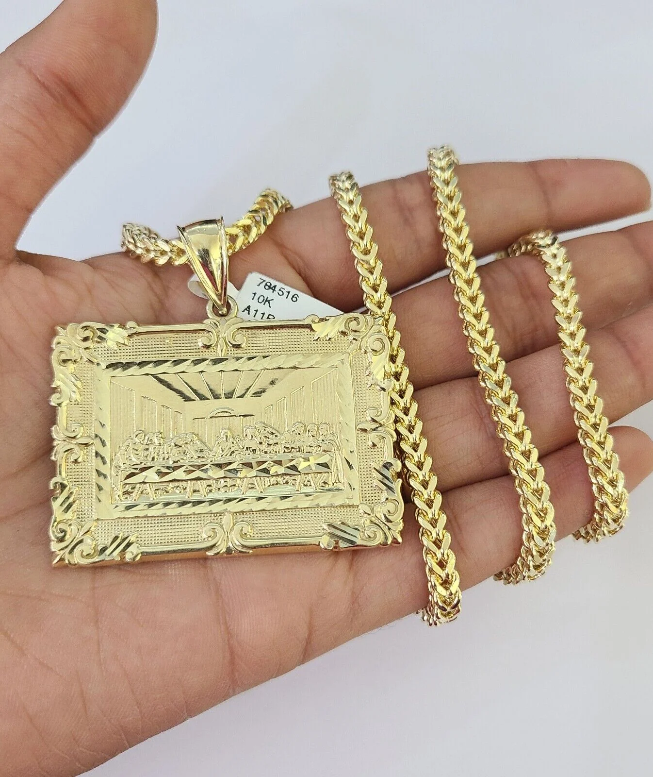 10K Franco Chain Last Supper Pendant Charm Necklace 20"-28" 4mm Yellow Gold SET - Image 4