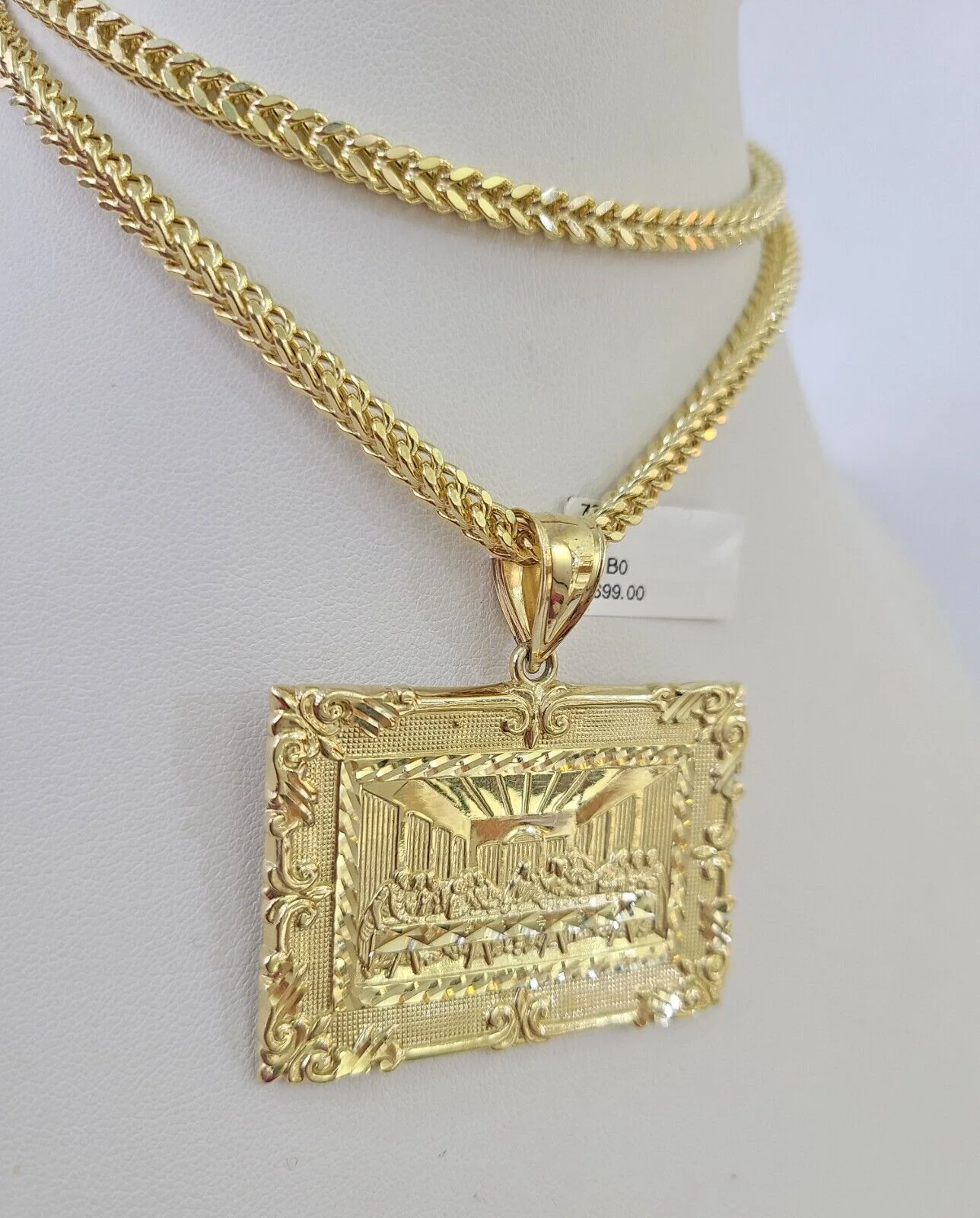 10K Franco Chain Last Supper Pendant Charm Necklace 20"-28" 4mm Yellow Gold SET - Image 6