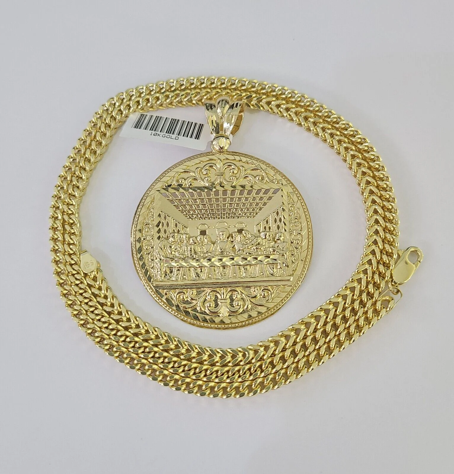 10K Franco Chain Last Supper Pendant Charm Necklace 20"-28" 4mm Yellow Gold SET - Image 3