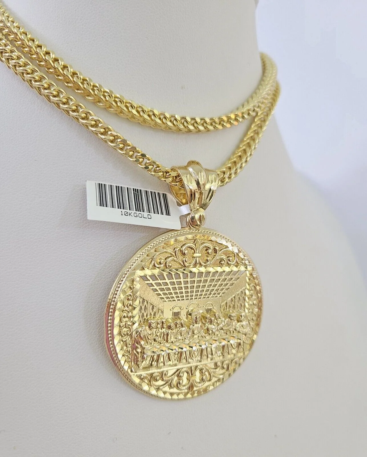 10K Franco Chain Last Supper Pendant Charm Necklace 20"-28" 4mm Yellow Gold SET - Image 6