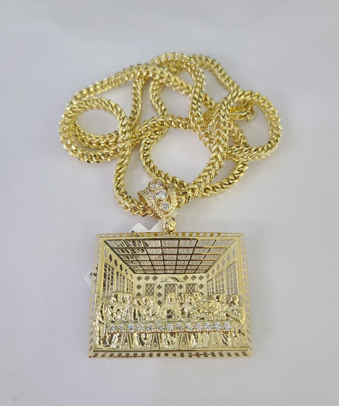 10K Franco Chain Last Supper Pendant Charm Necklace 20"-28" 4mm Yellow Gold SET - Image 5