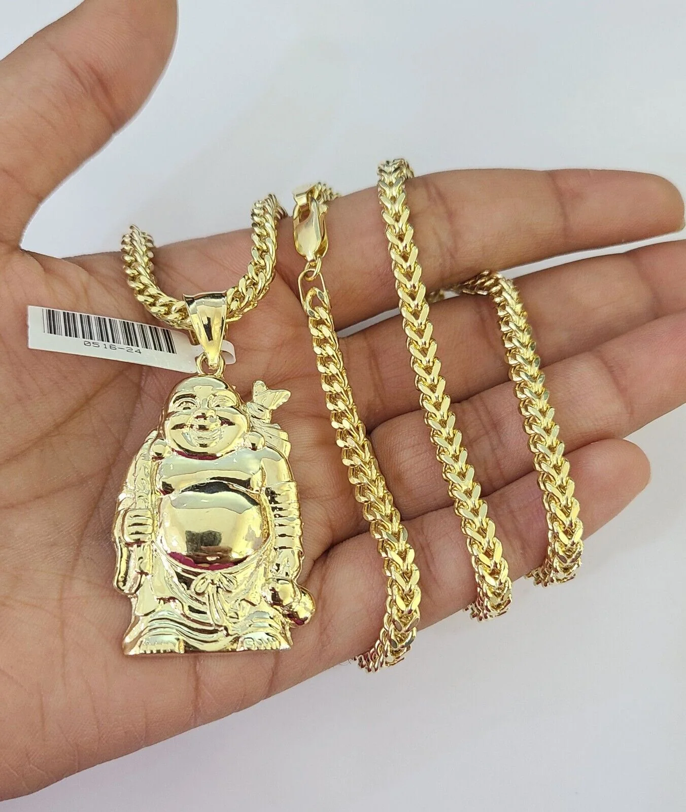 10K Franco Chain Laughing Buddha Pendant Charm Necklace 20"-28" 4mm Gold SET - Image 4