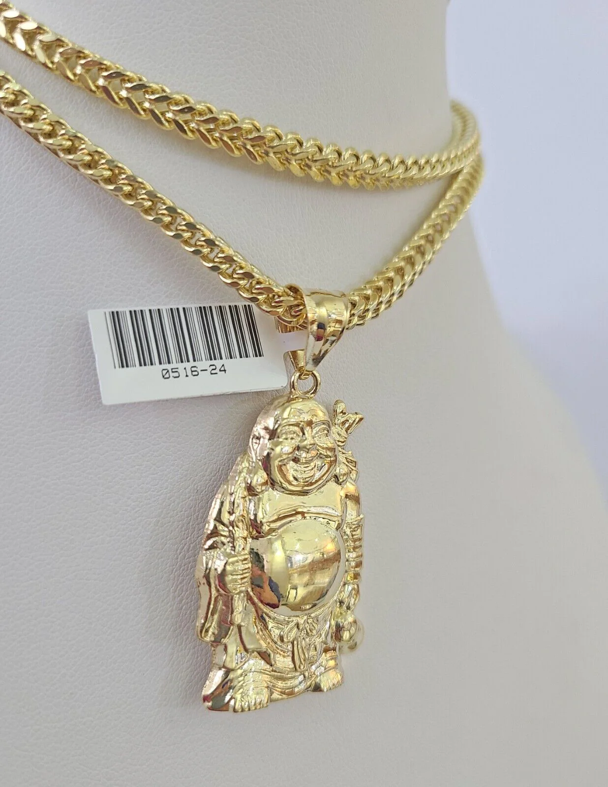 10K Franco Chain Laughing Buddha Pendant Charm Necklace 20"-28" 4mm Gold SET - Image 5