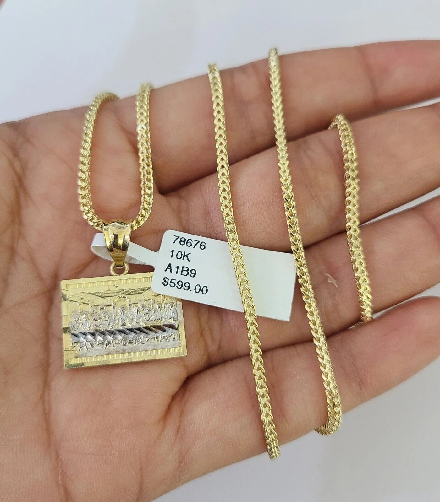 10K Franco Chain Last Supper Pendant Charm Necklace 16"-24" 2mm Gold SET - Image 3