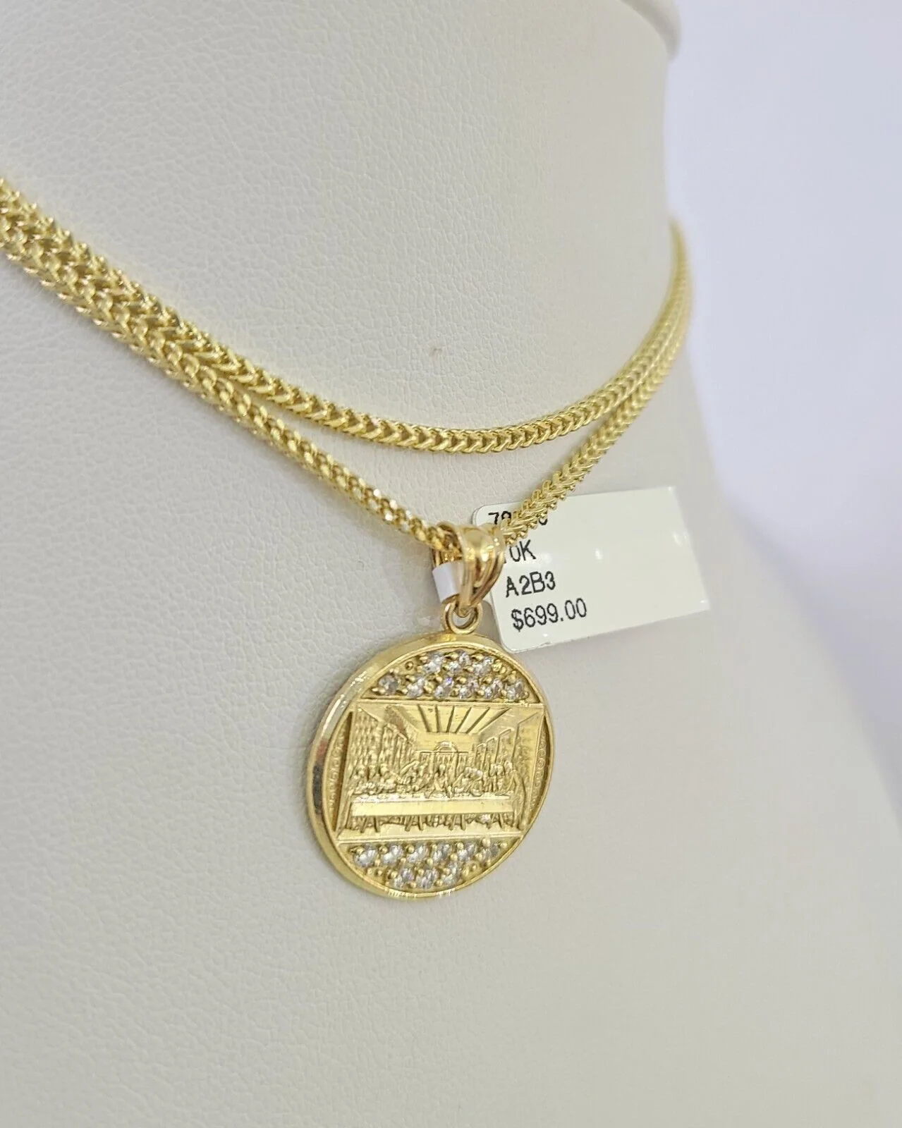 10K Franco Chain Last Supper  Pendant Charm Necklace 16"-24" 2mm Gold SET - Image 2