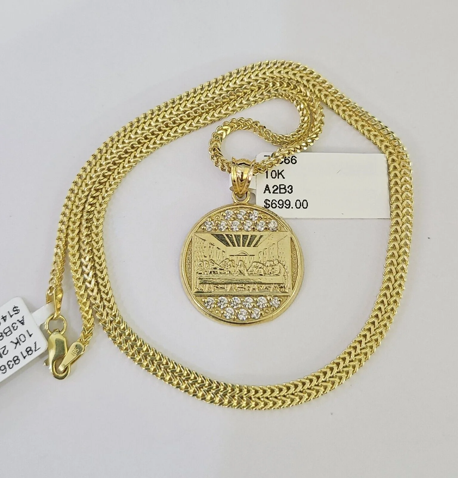 10K Franco Chain Last Supper  Pendant Charm Necklace 16"-24" 2mm Gold SET - Image 4