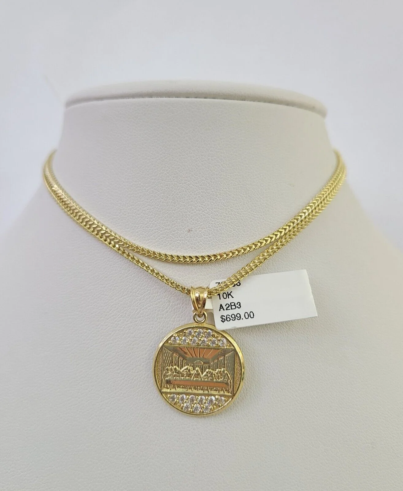 10K Franco Chain Last Supper  Pendant Charm Necklace 16"-24" 2mm Gold SET - Image 5