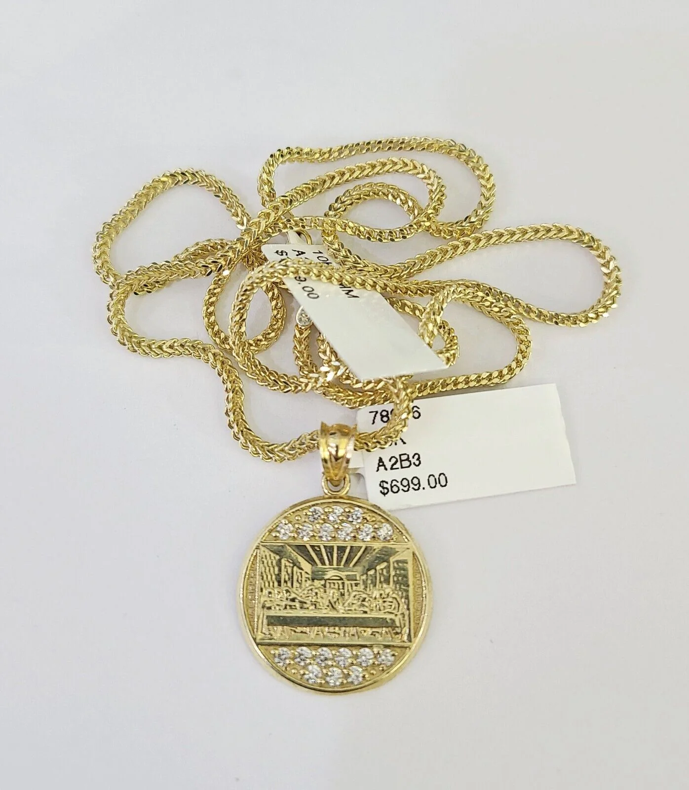 10K Franco Chain Last Supper  Pendant Charm Necklace 16"-24" 2mm Gold SET - Image 6