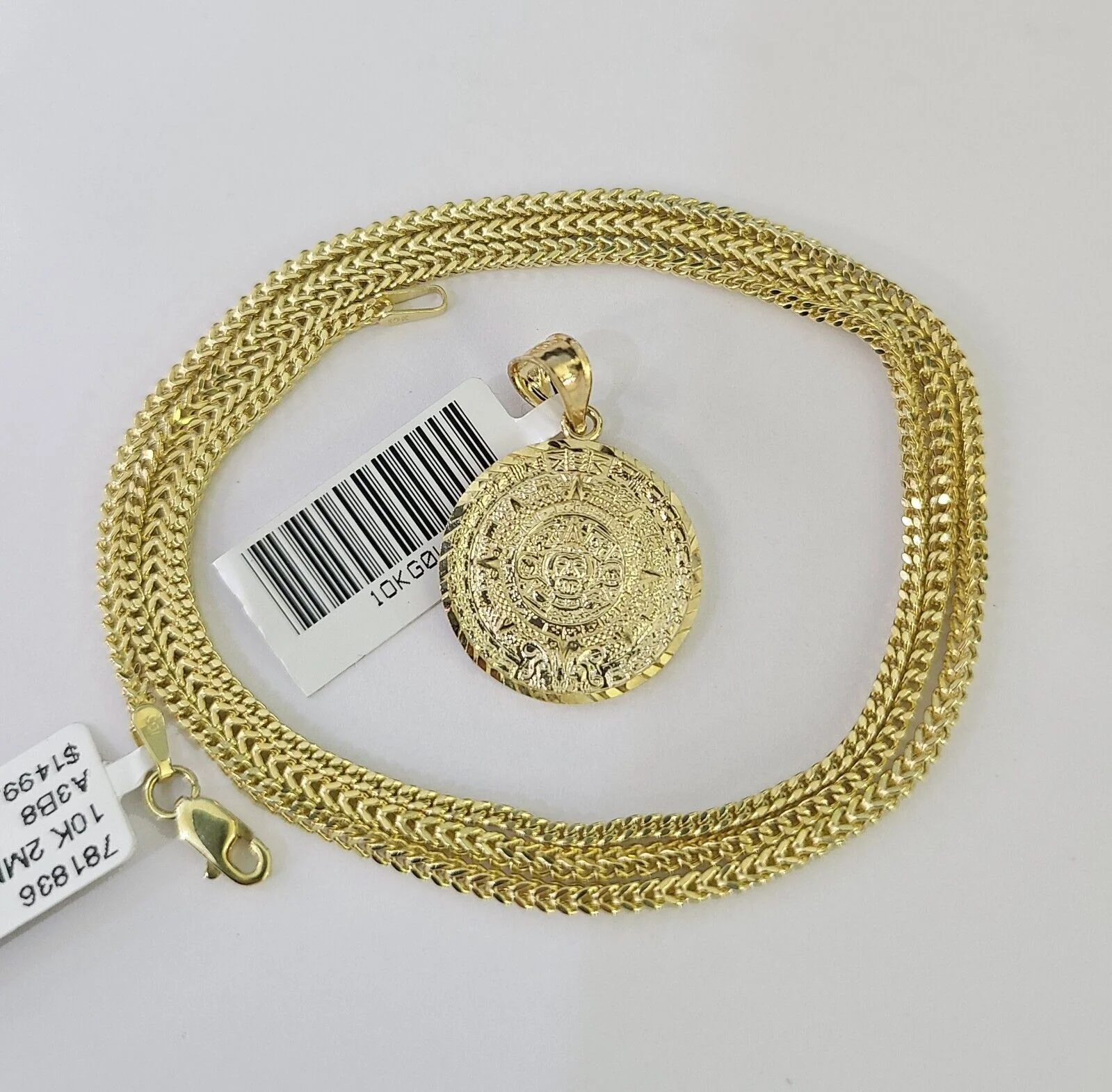 10K Franco Chain Mayan Calendar Pendant Charm Necklace 16"-24" 2mm Gold SET - Image 6