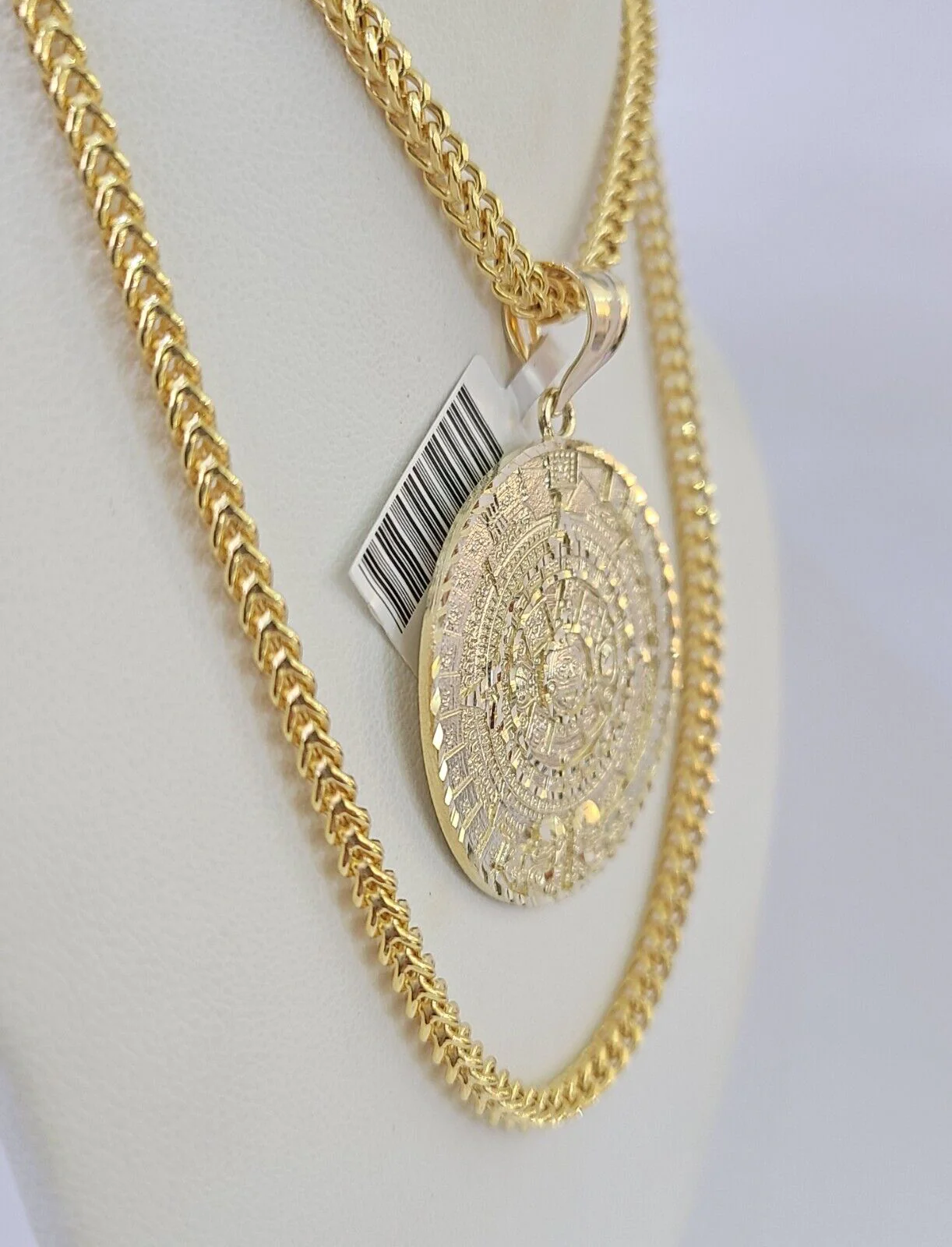 10K Franco Chain Mayan Calendar Pendant Charm Necklace 20"-26" 3mm Gold Yellow - Image 2