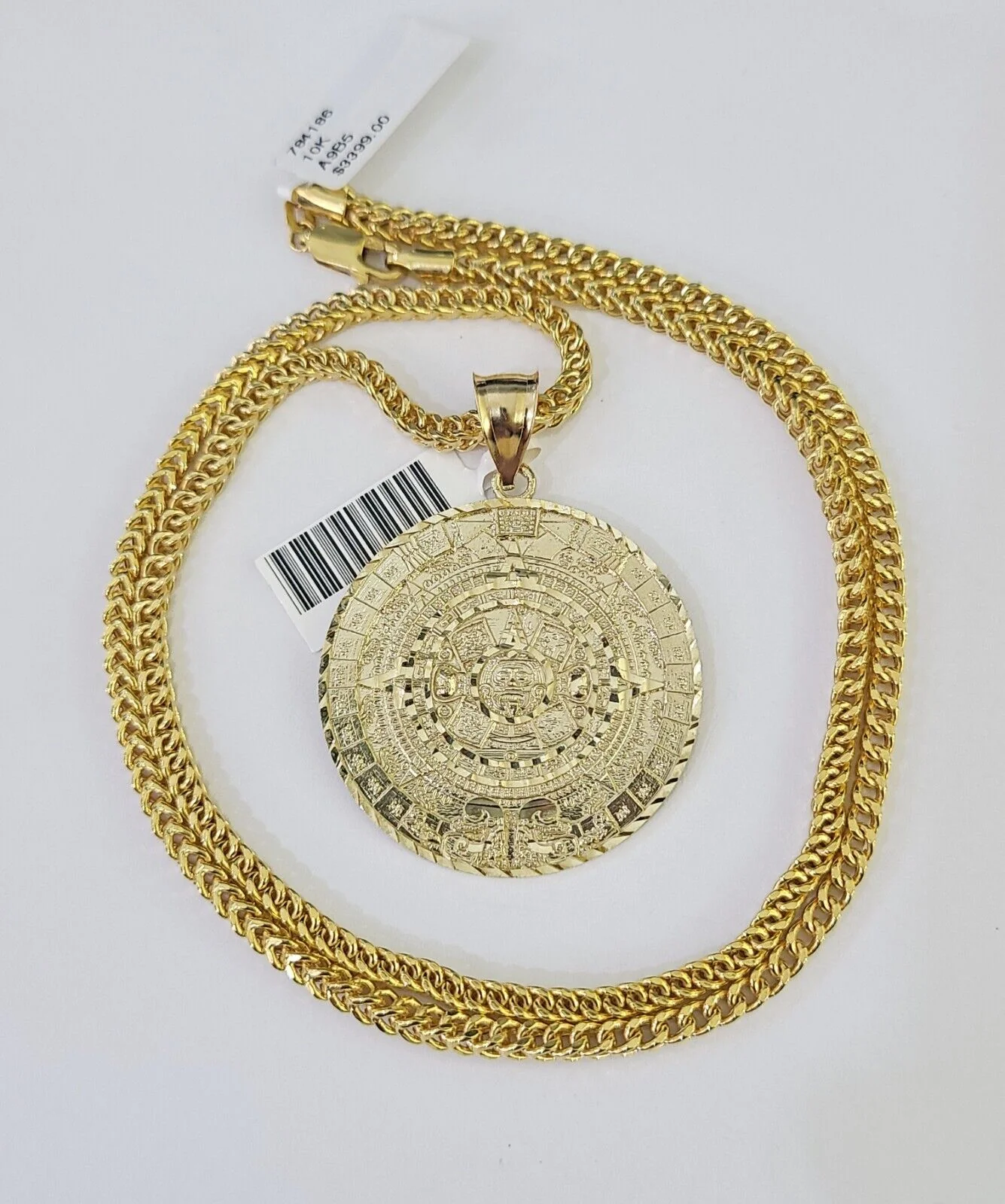 10K Franco Chain Mayan Calendar Pendant Charm Necklace 20"-26" 3mm Gold Yellow - Image 3
