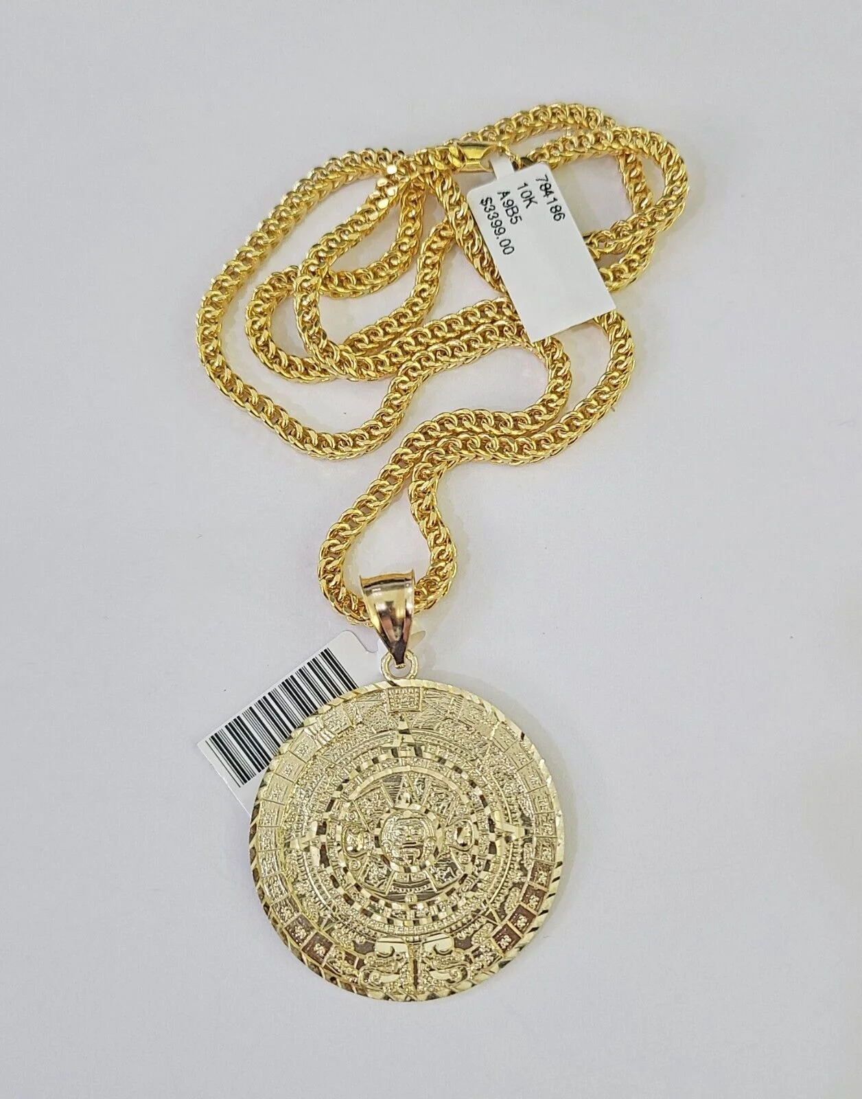 10K Franco Chain Mayan Calendar Pendant Charm Necklace 20"-26" 3mm Gold Yellow - Image 6