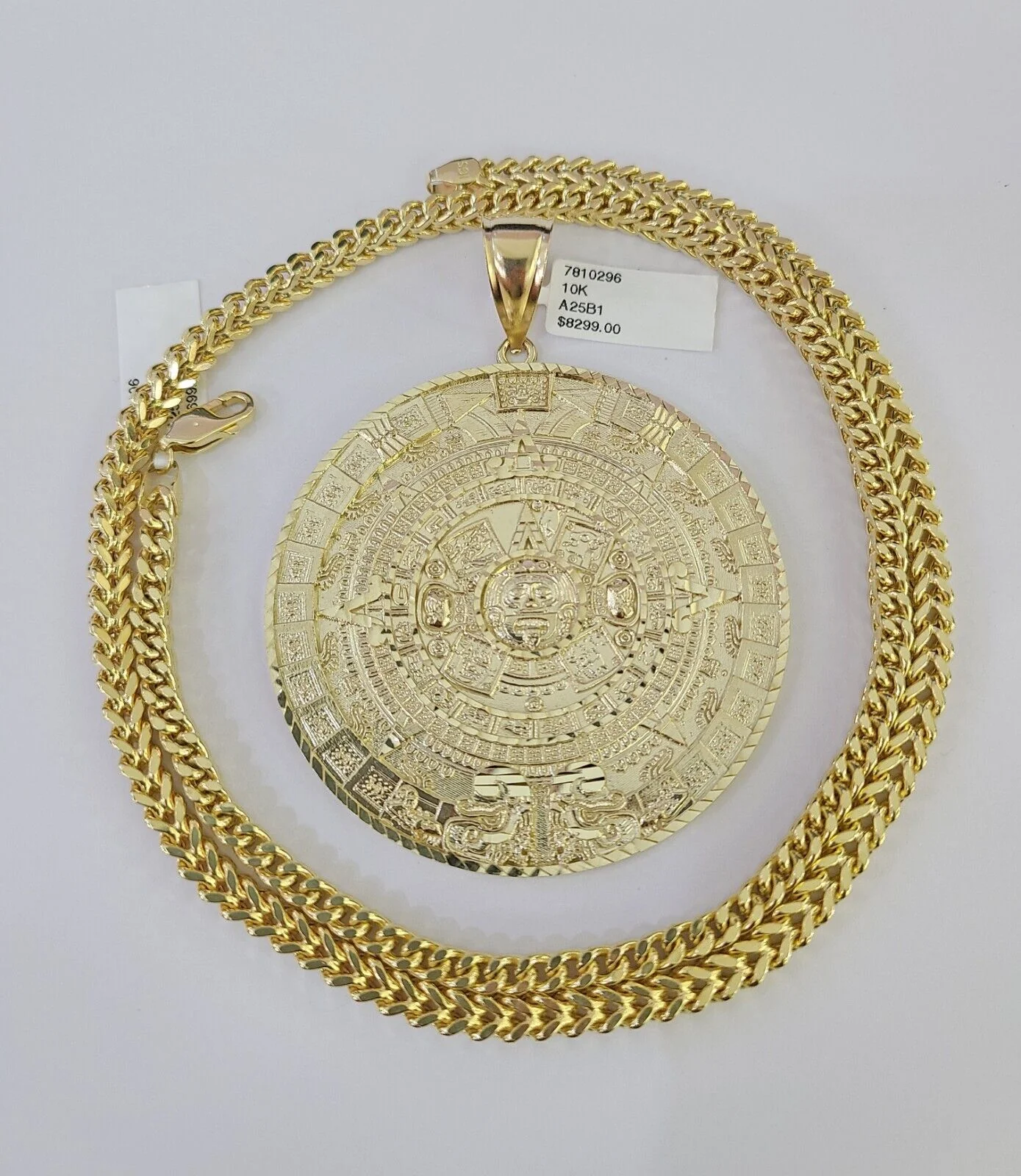 10K Franco Chain Mayan Calendar Pendant Charm Necklace 20"-26" 5mm Gold SET - Image 3