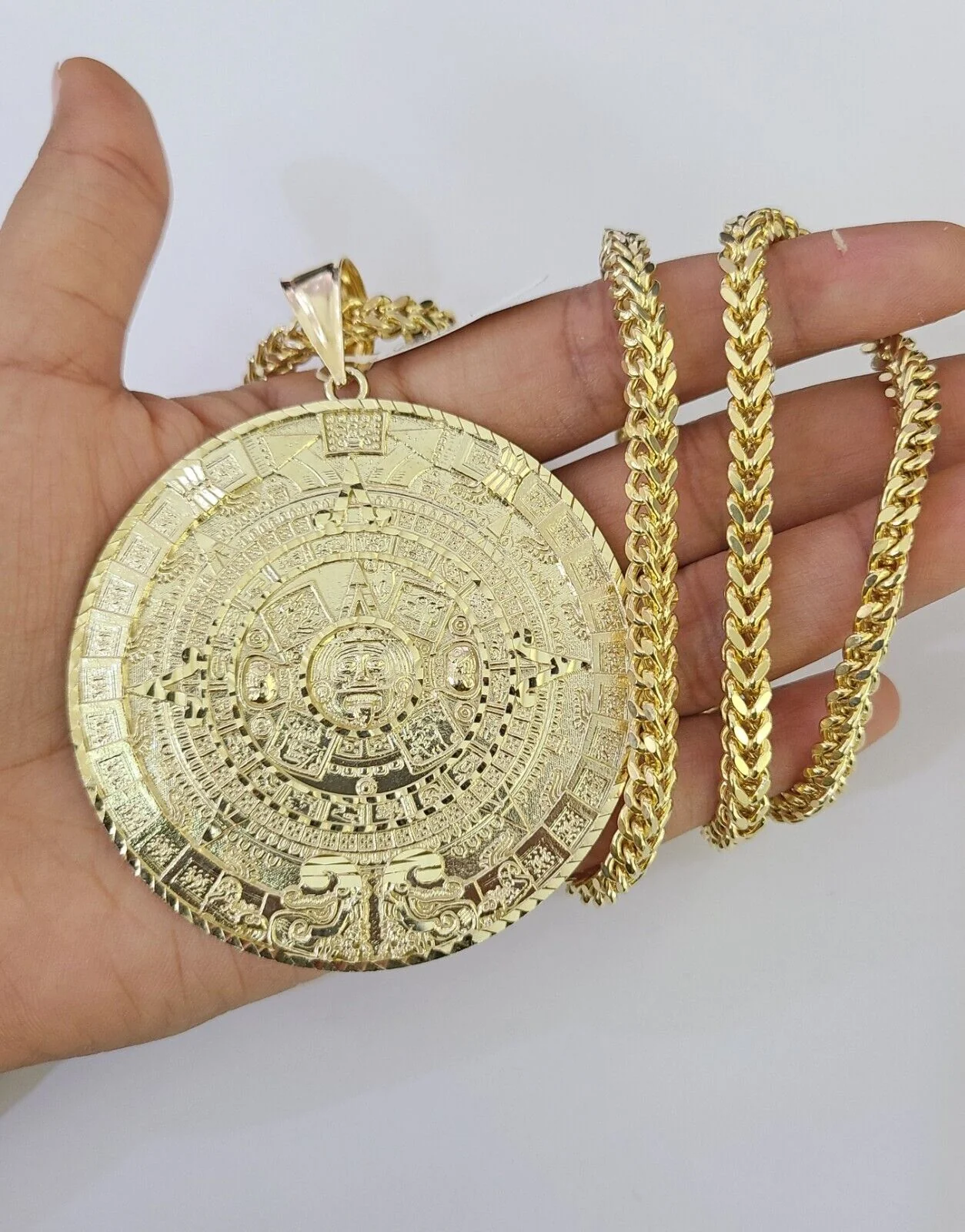 10K Franco Chain Mayan Calendar Pendant Charm Necklace 20"-26" 5mm Gold SET - Image 4