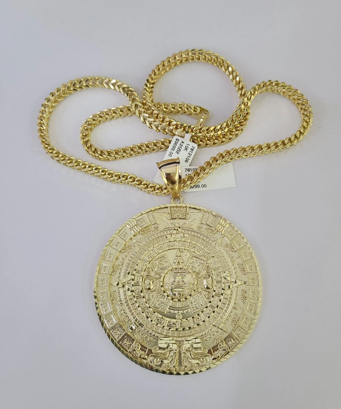 10K Franco Chain Mayan Calendar Pendant Charm Necklace 20"-26" 5mm Gold SET - Image 5