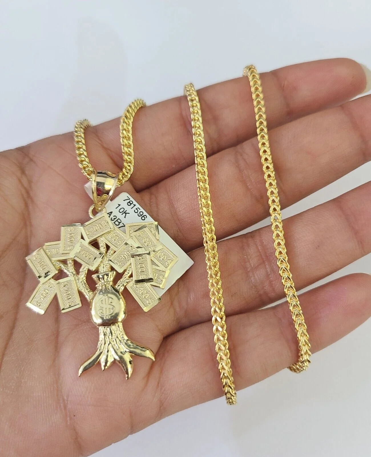 10K Franco Chain Money Tree Pendant Charm Necklace 20"-26" 2.5mm Yellow Gold - Image 3