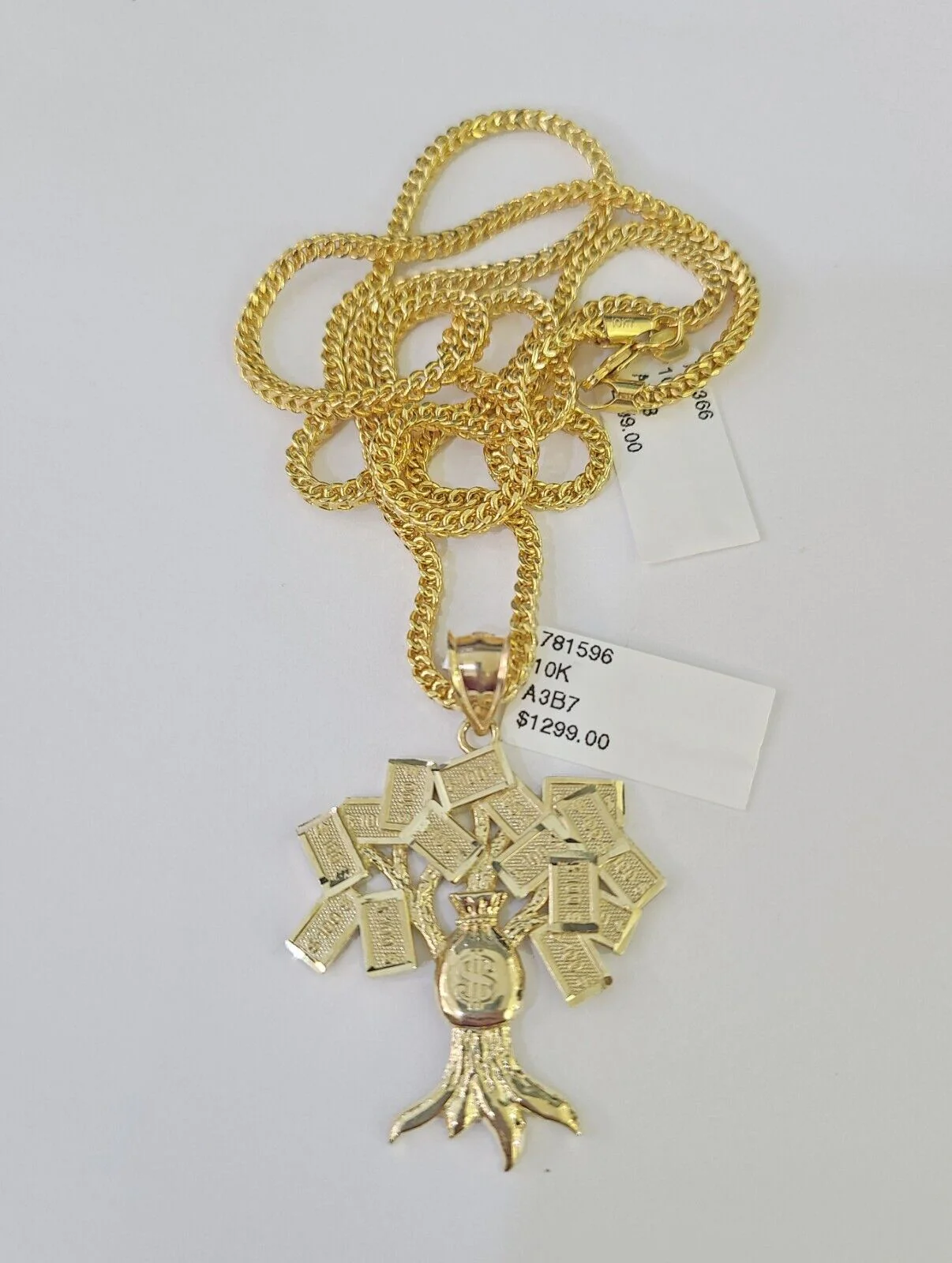 10K Franco Chain Money Tree Pendant Charm Necklace 20"-26" 2.5mm Yellow Gold - Image 5