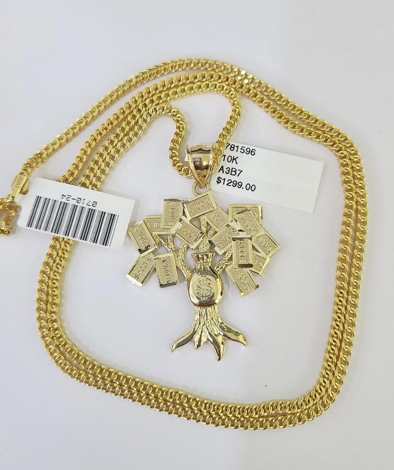 10K Franco Chain Money Tree Pendant Charm Necklace 20"-26" 2.5mm Yellow Gold - Image 6