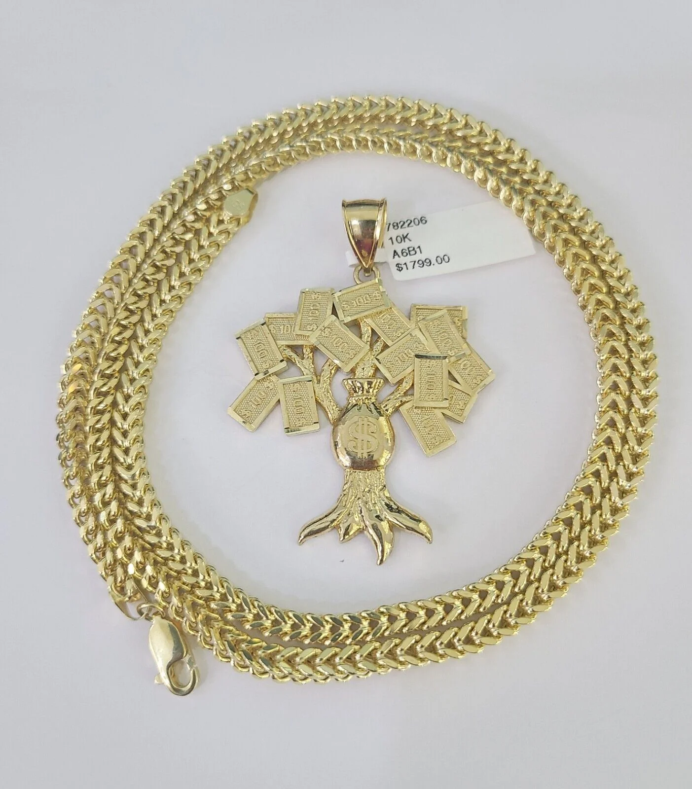 10K Franco Chain Money Tree Pendant Charm Necklace 20"-28" 4mm Yellow Gold SET - Image 3