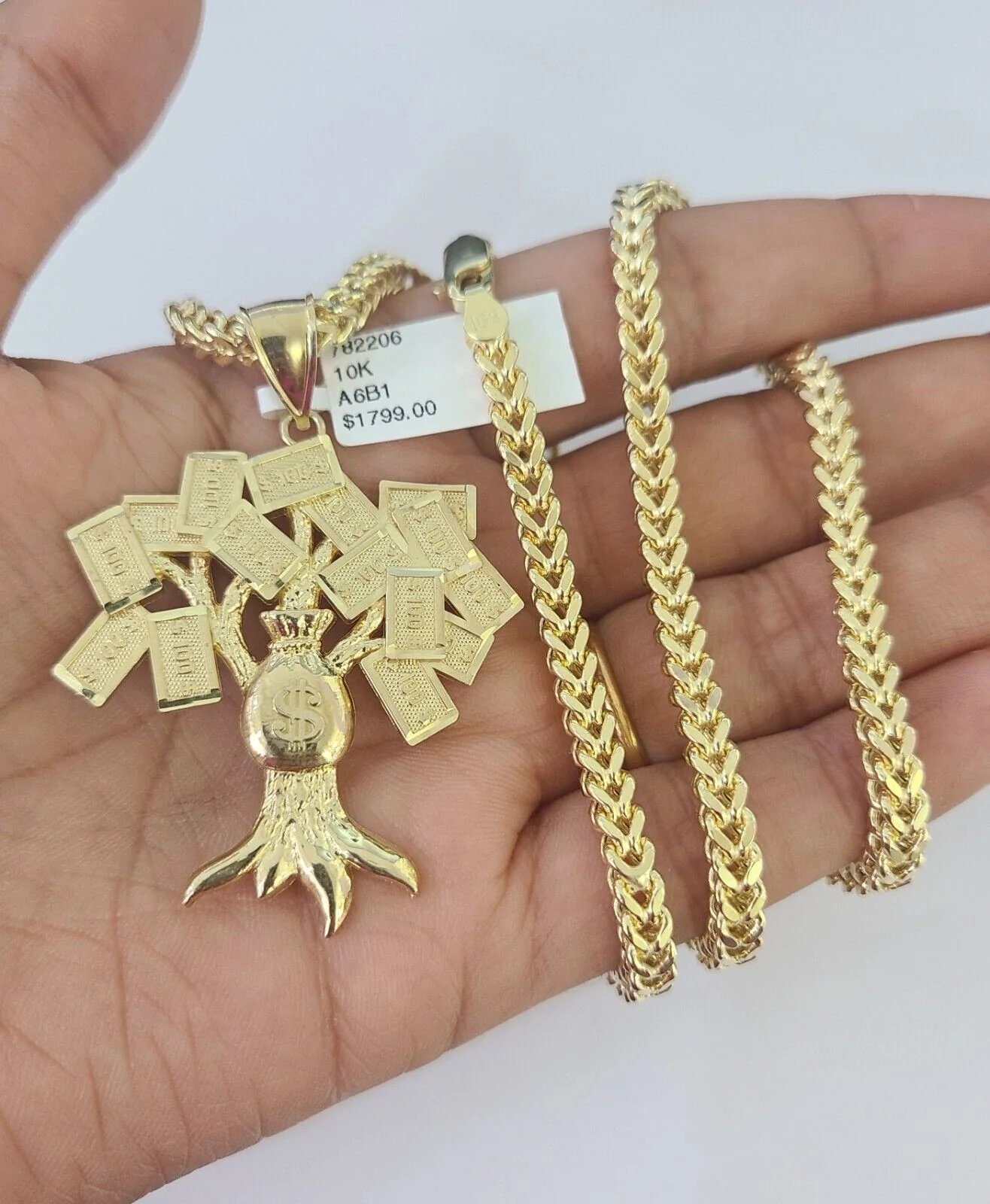 10K Franco Chain Money Tree Pendant Charm Necklace 20"-28" 4mm Yellow Gold SET - Image 4