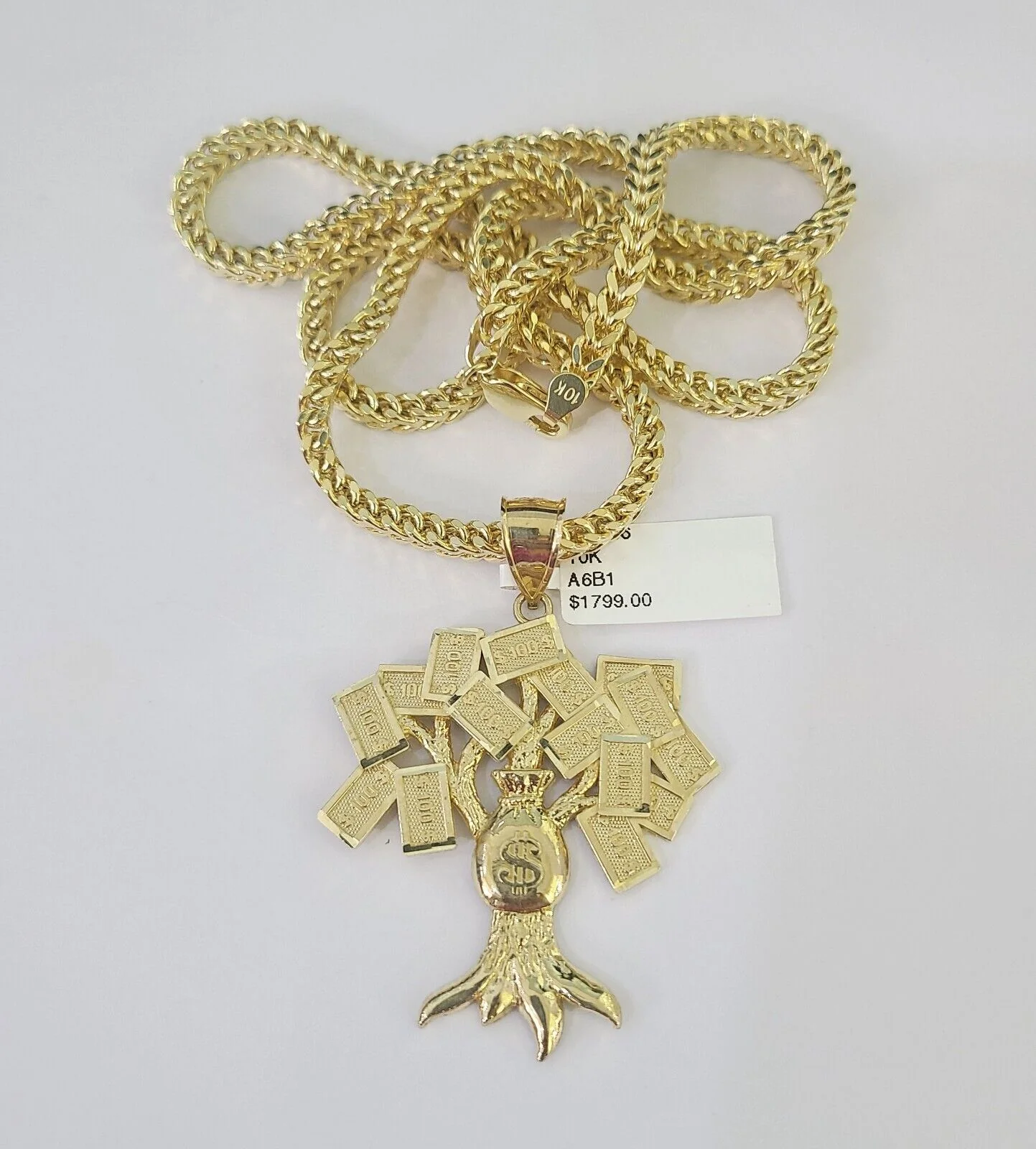 10K Franco Chain Money Tree Pendant Charm Necklace 20"-28" 4mm Yellow Gold SET - Image 5