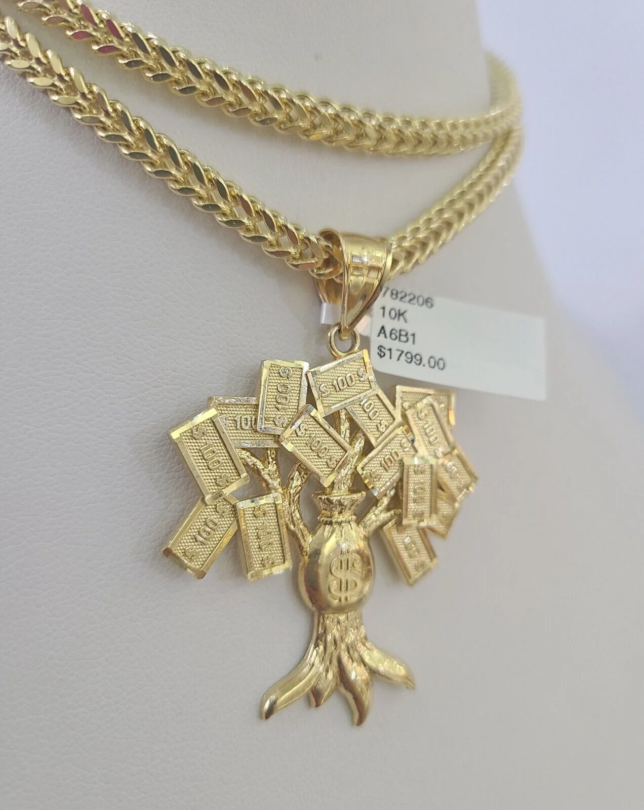 10K Franco Chain Money Tree Pendant Charm Necklace 20"-28" 4mm Yellow Gold SET - Image 7