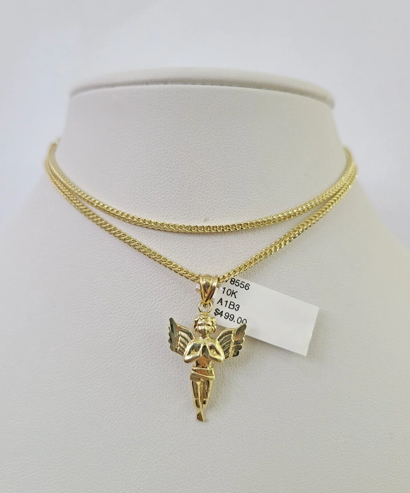 10K Franco Chain Praying Angel Pendant Charm Necklace 16"-24" 2mm Gold SET - Image 2
