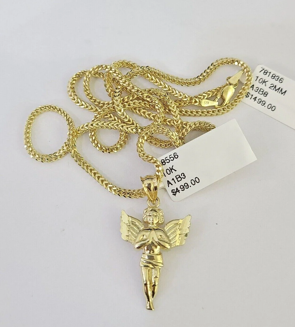 10K Franco Chain Praying Angel Pendant Charm Necklace 16"-24" 2mm Gold SET - Image 5