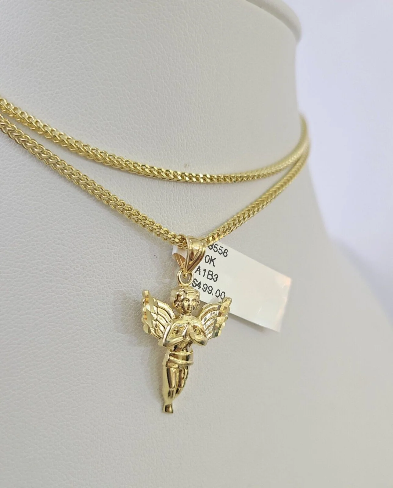 10K Franco Chain Praying Angel Pendant Charm Necklace 16"-24" 2mm Gold SET - Image 6