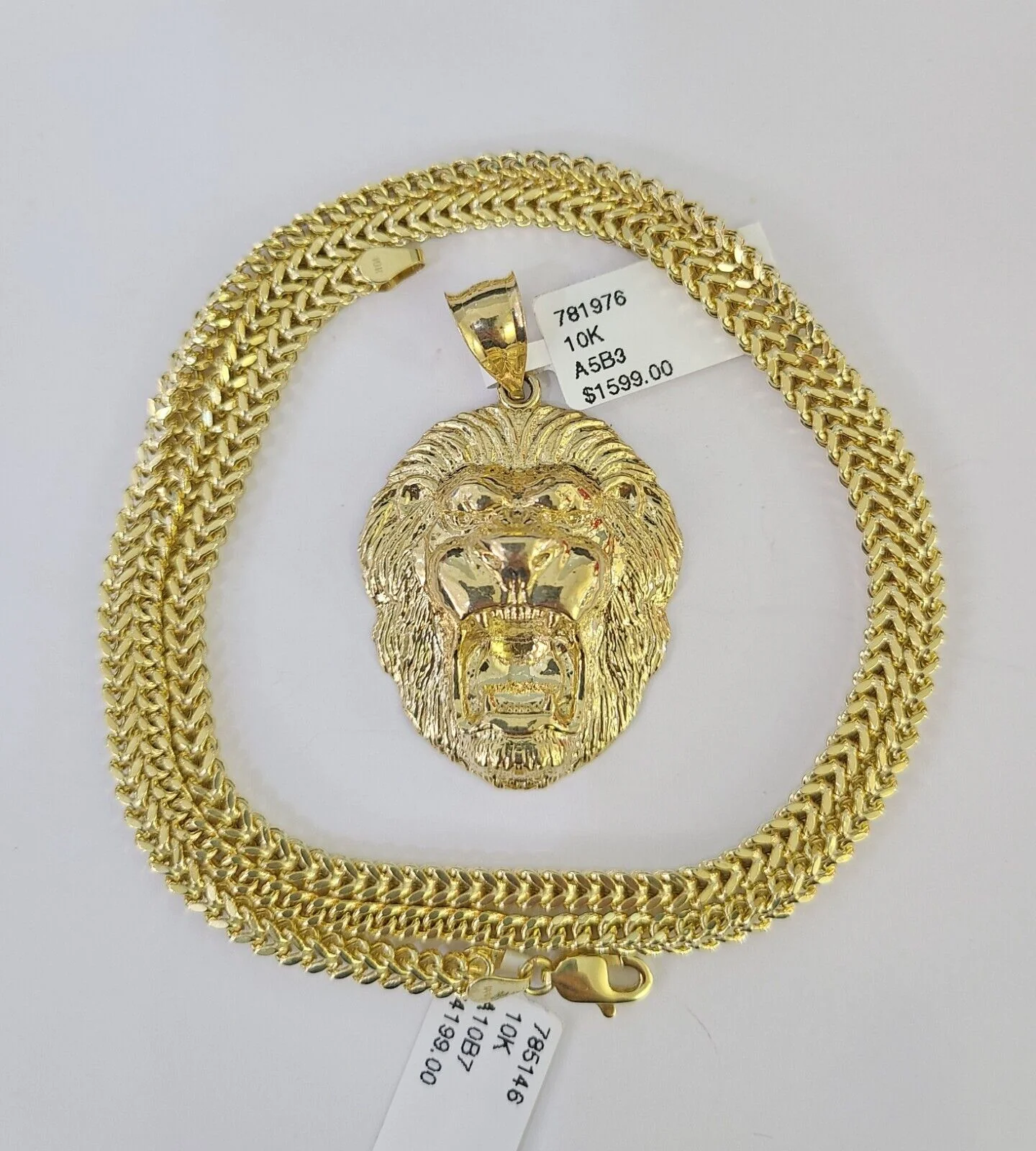 10K Franco Chain Roaring Lion Pendant Charm Necklace 20"-26" 3mm Gold Yellow SET - Image 3