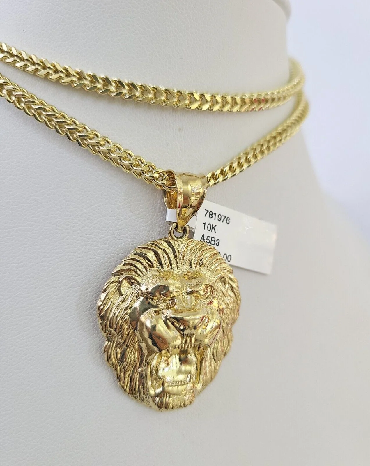10K Franco Chain Roaring Lion Pendant Charm Necklace 20"-26" 3mm Gold Yellow SET - Image 6