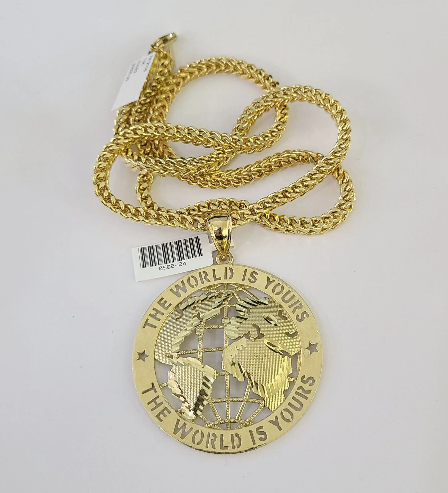 10K Franco Chain World is Yours Pendant Charm Necklace 20"-26" 5mm Gold SET - Image 4