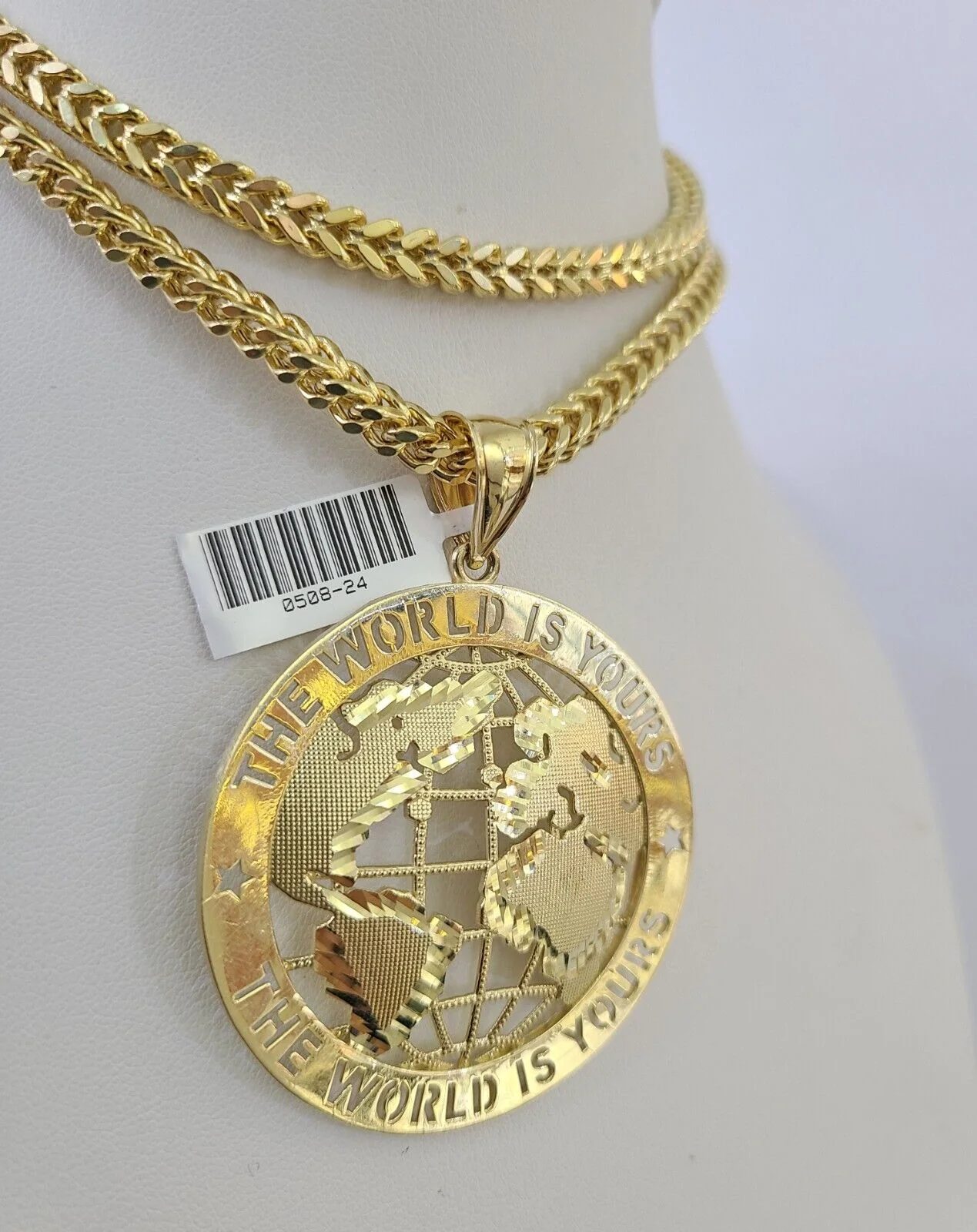 10K Franco Chain World is Yours Pendant Charm Necklace 20"-26" 5mm Gold SET - Image 5