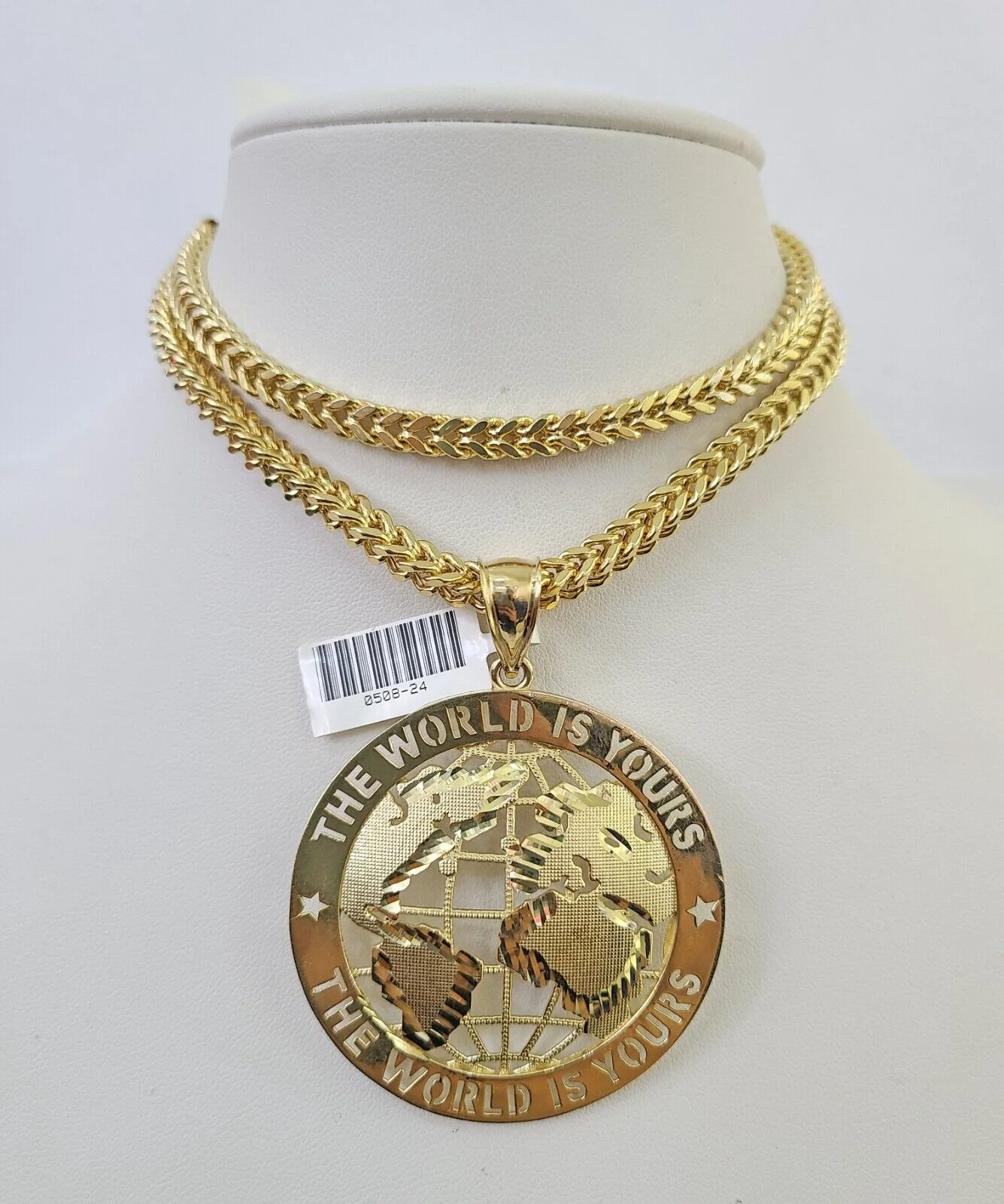 10K Franco Chain World is Yours Pendant Charm Necklace 20"-26" 5mm Gold SET - Image 6