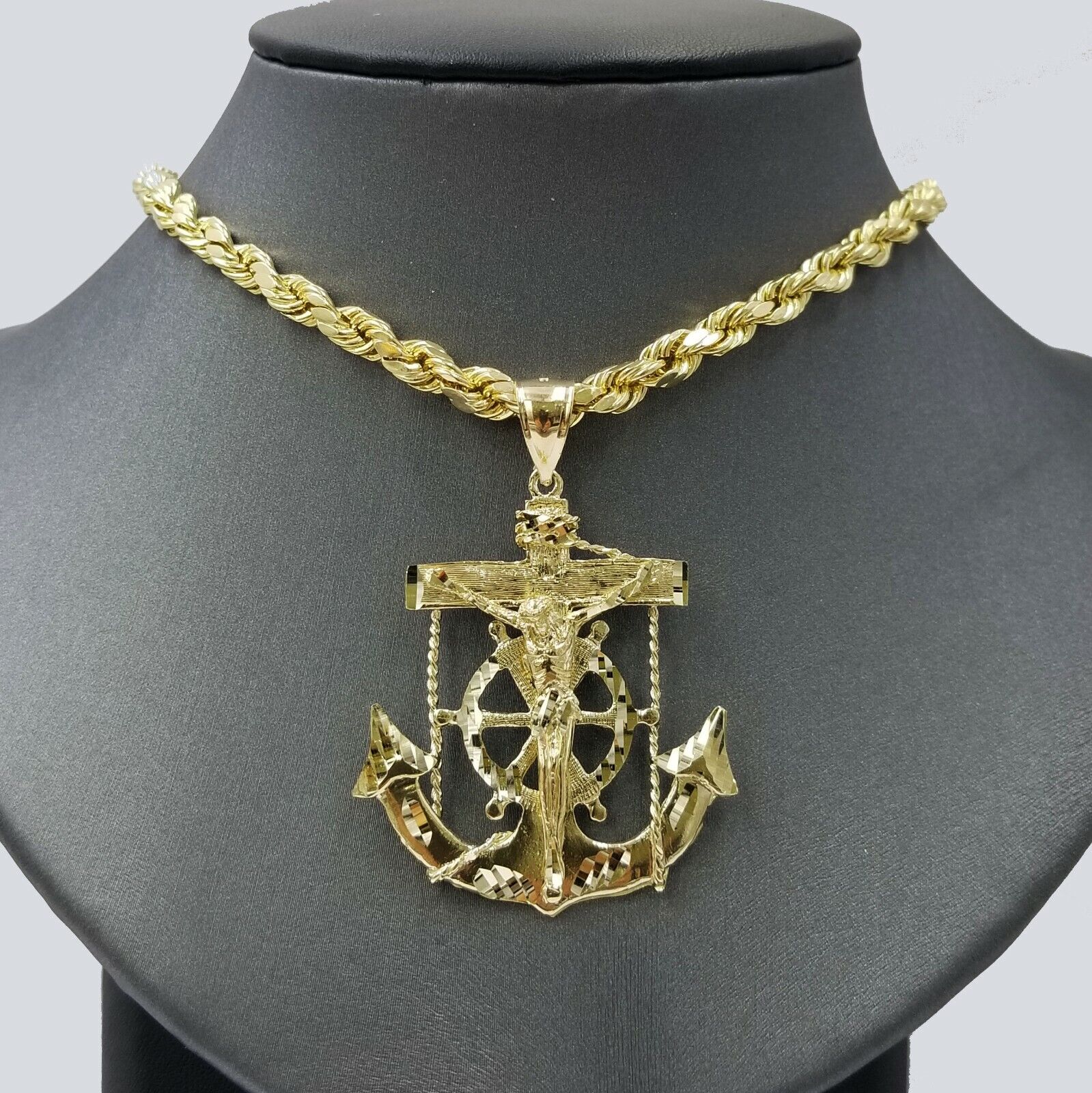 10k Gold Anchor charm pendant & Rope chain necklace 6mm 20"-30" Men's Real SET - Image 3