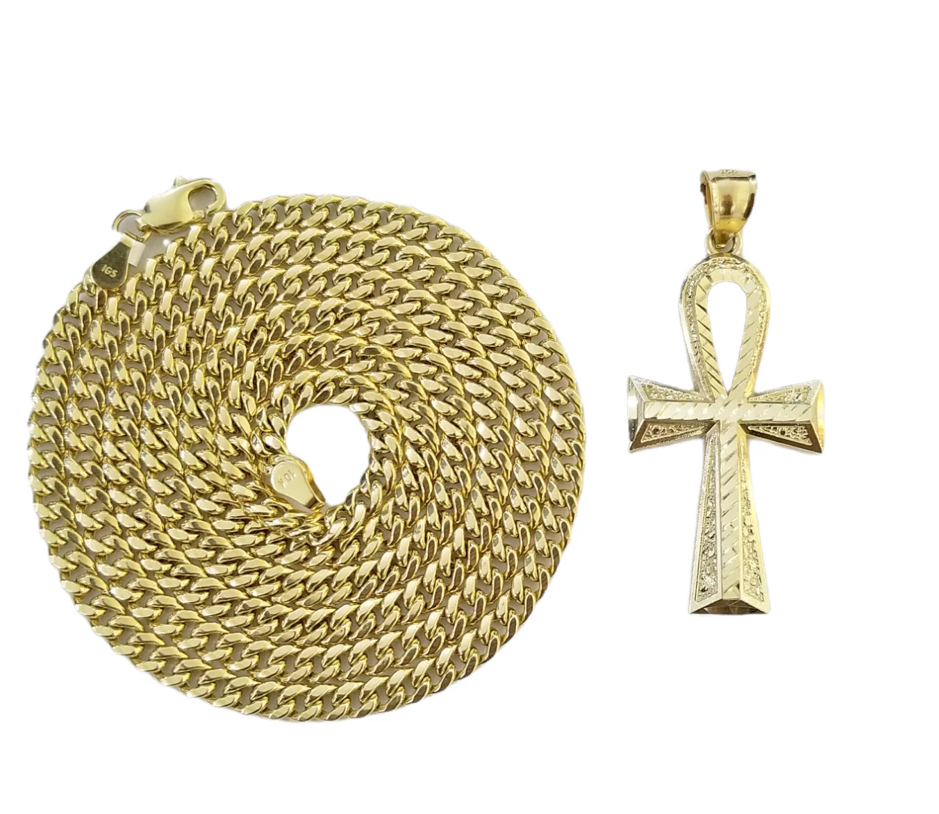 10K Gold Ankh Cross Egyptian Symbol Pendant Charm 4mm Cuban Link Chain 26" Inch - Image 2