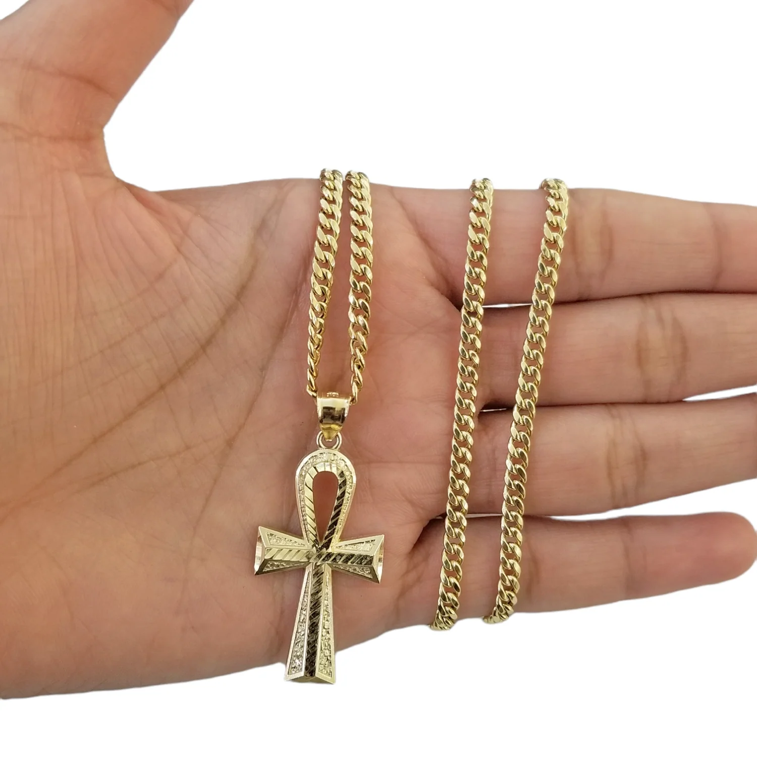 10K Gold Ankh Cross Egyptian Symbol Pendant Charm 4mm Cuban Link Chain 26" Inch - Image 4